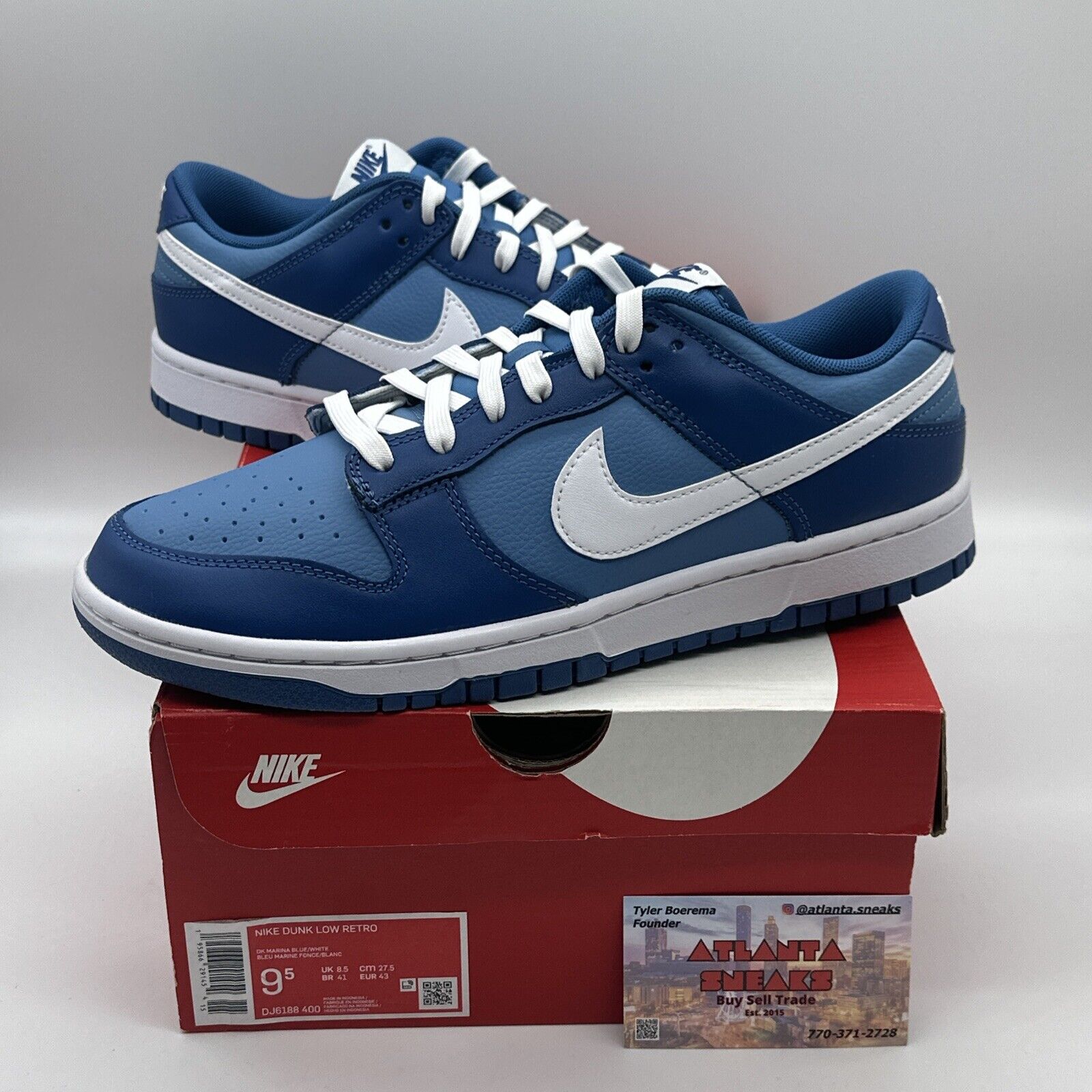 Size 9.5 - Nike Dunk Low Dark Marina Blue 2021 Leather White Blues Premium.