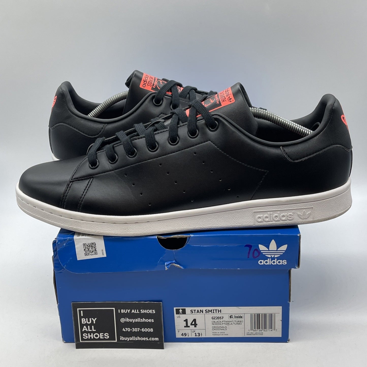 Size 14 - adidas Stan Smith Black Turbo Black Red Leather (GZ2057)
