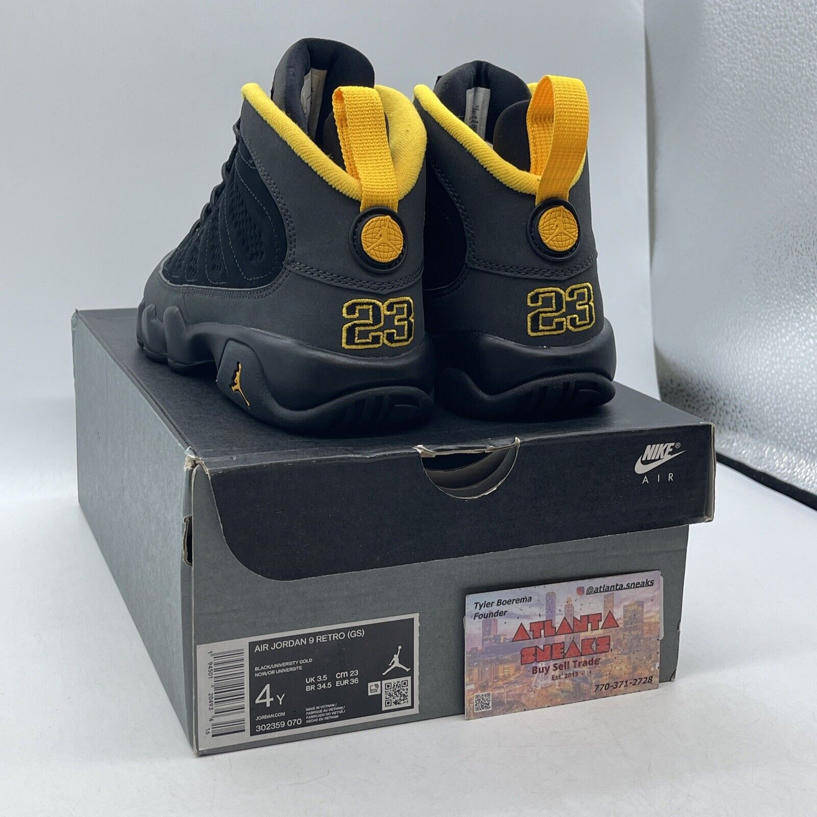Size 4Y(GS) - Jordan 9 Retro Mid Dark Charcoal University Gold (302359-070)
