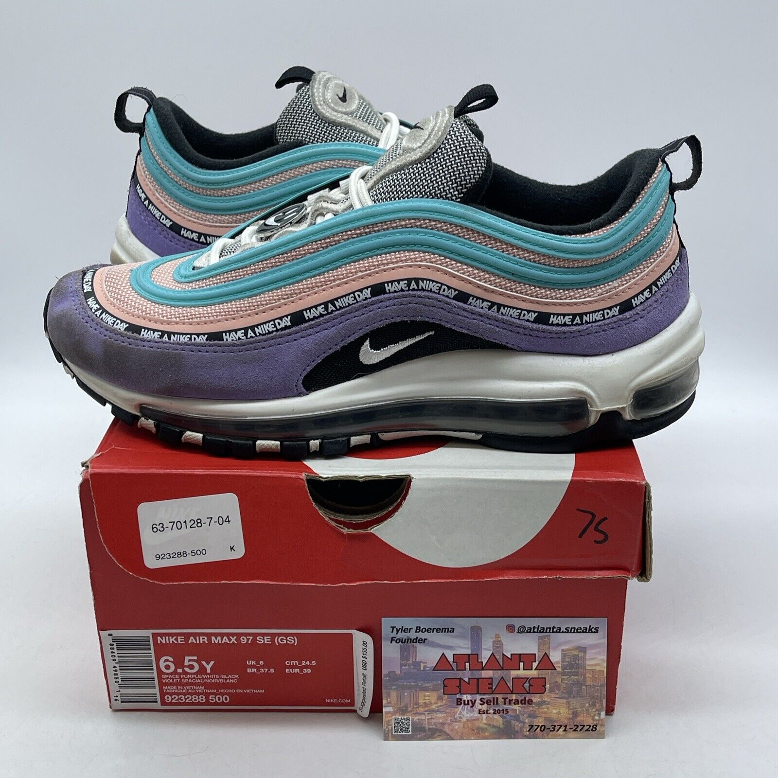 Size 6.5 (GS) - Nike Air Max 97 Low Have A Nike Day White Purple (923288-500)