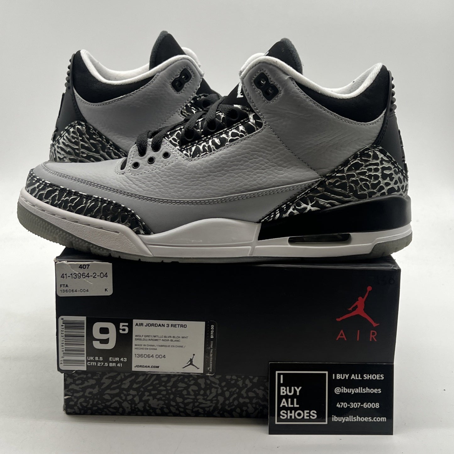 Size 9.5 - Air Jordan 3 Retro Wolf Grey (136064-004)