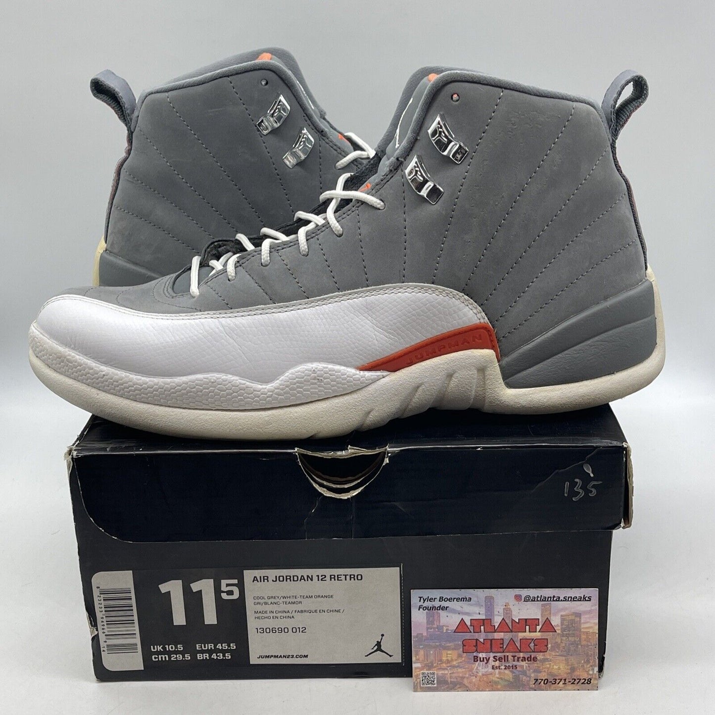 Size 11.5 - Air Jordan 12 Cool Grey Suede White Orange Leather (130690-012)