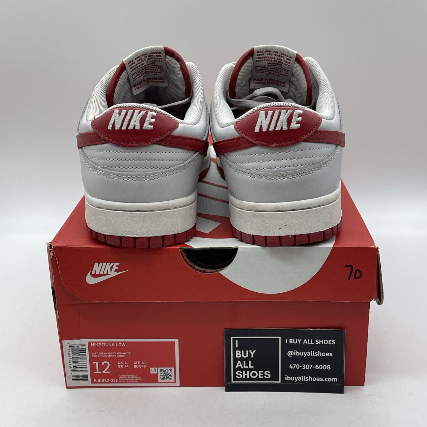 Size 12 - Dunk Low Vast Grey Varsity Red White Leather (FJ0832-011)