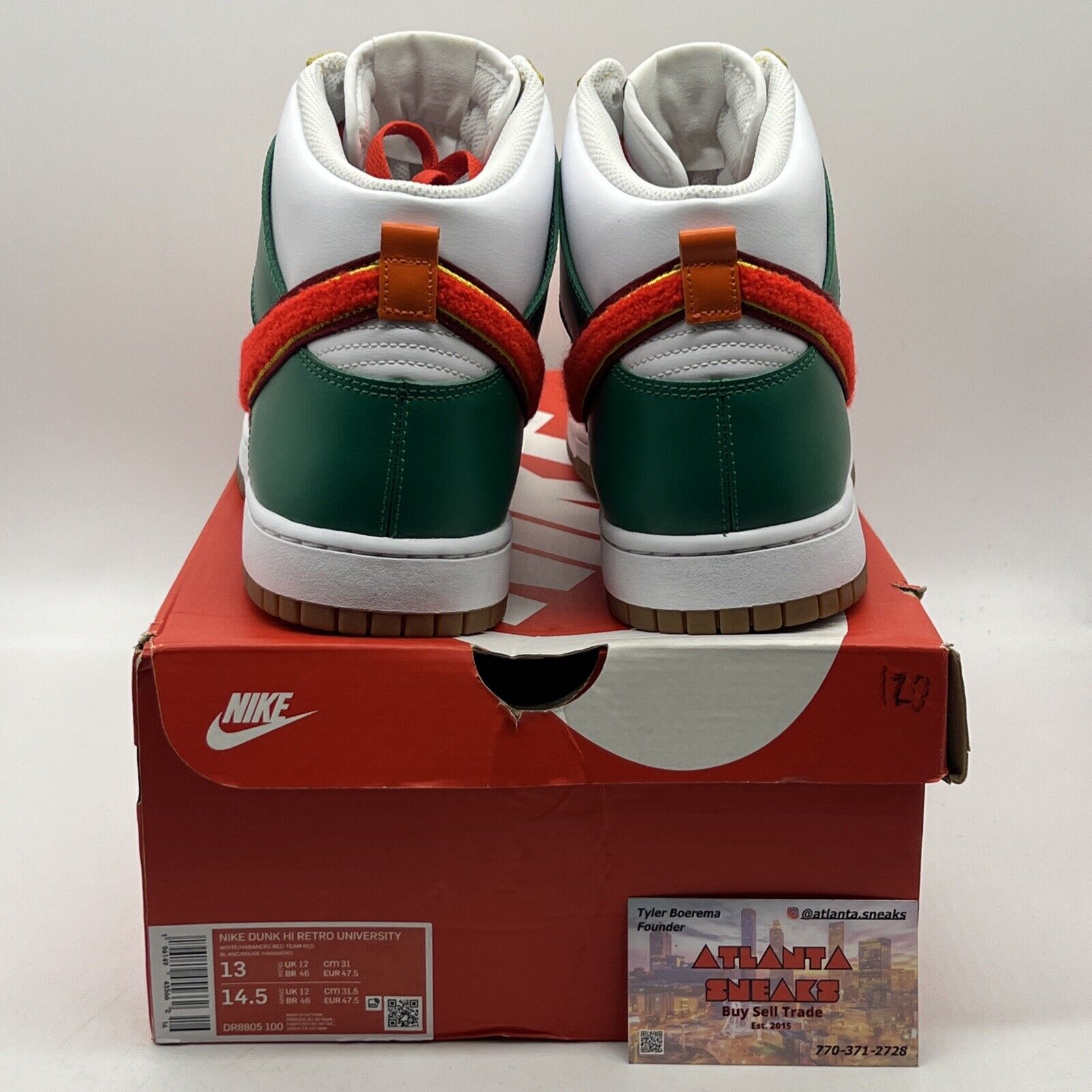Size 13 - Nike Dunk High Chenille Swoosh White Green Orange Yellow Leather Gum