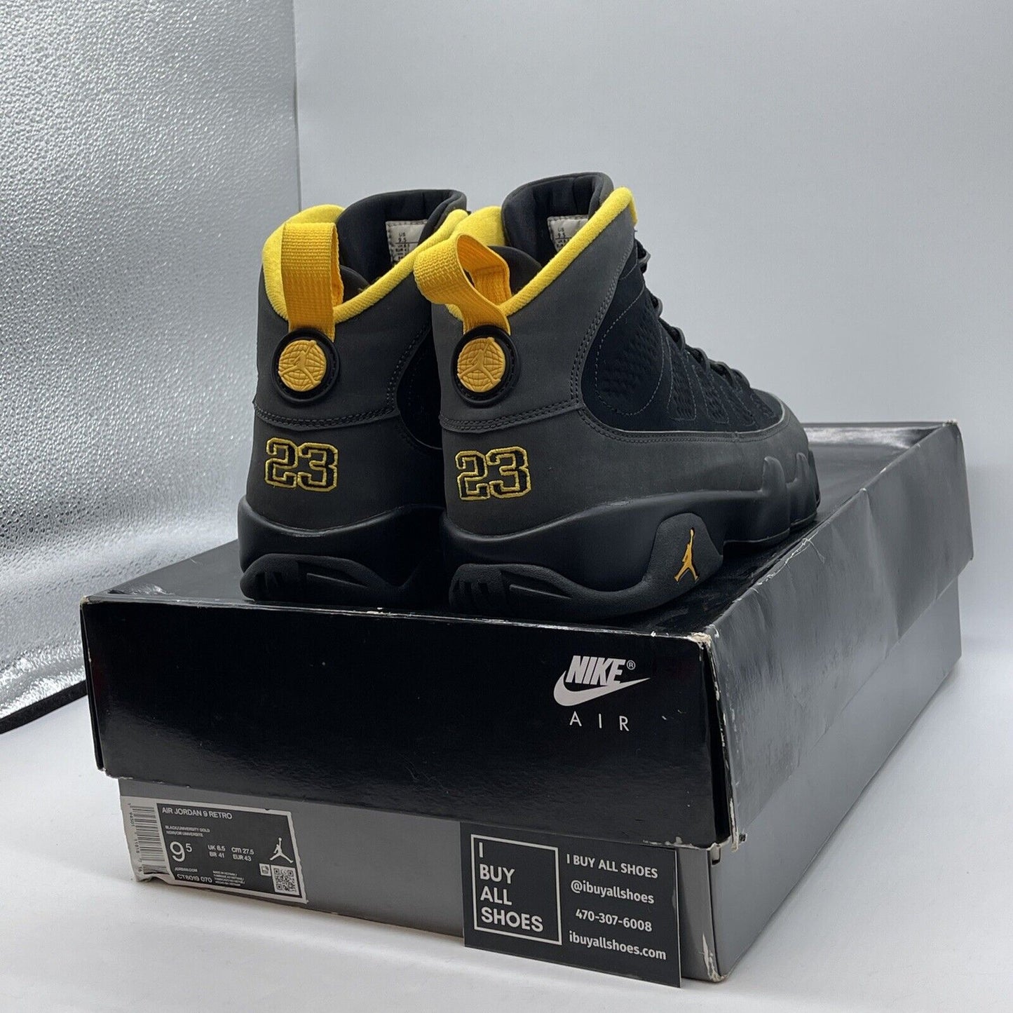 Size 9.5 - Jordan 9 Retro Black Grey Yellow Suede Leather (CT8019-070)