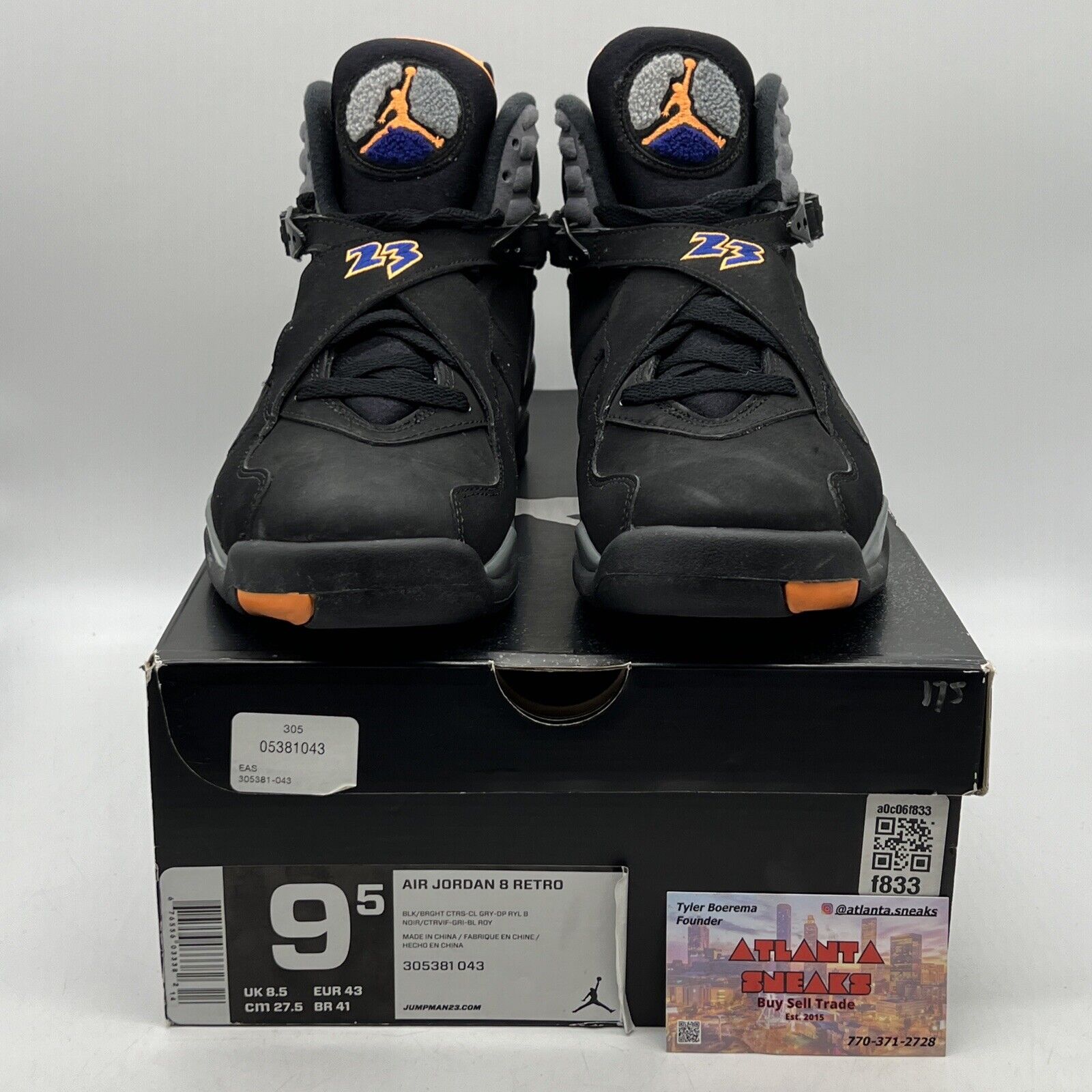 Size 9.5 - Air Jordan 8 Retro Phoenix Suns Black Grey Orange Purple (305381-043)