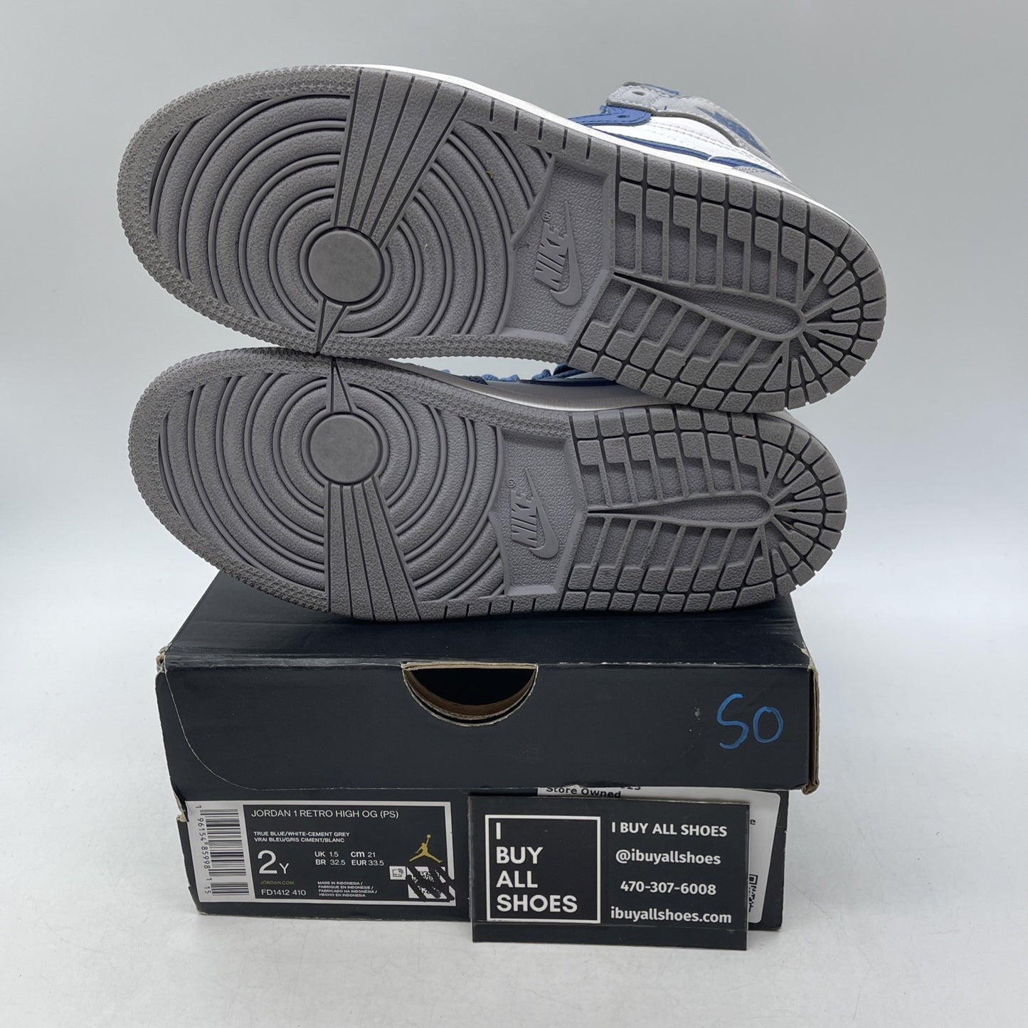 Size 2Y - Air Jordan 1 Retro OG High True Blue (FD1412-410)