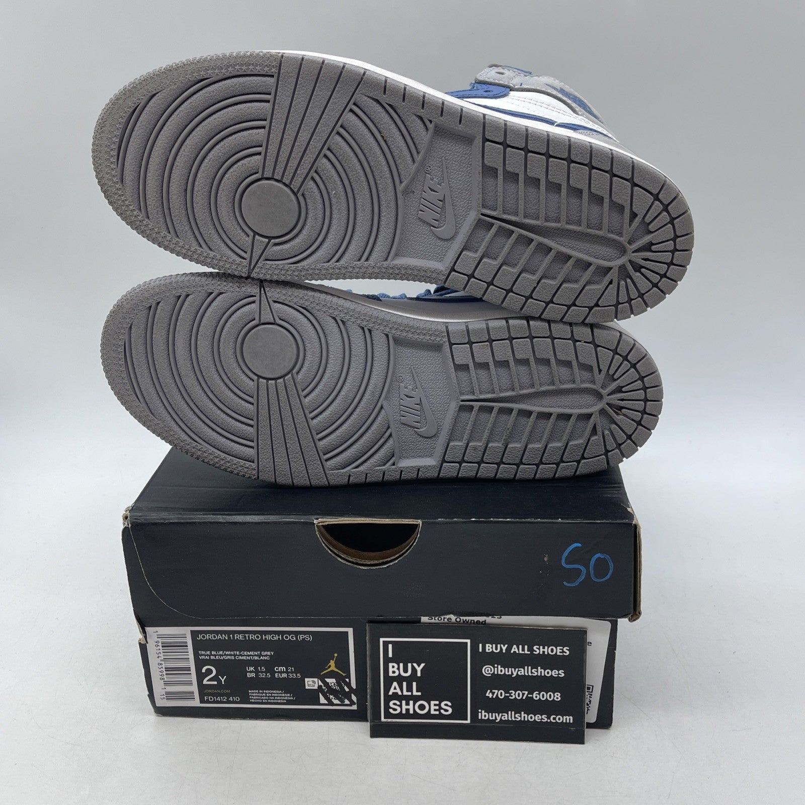 Size 2Y - Air Jordan 1 Retro OG High True Blue (FD1412-410)