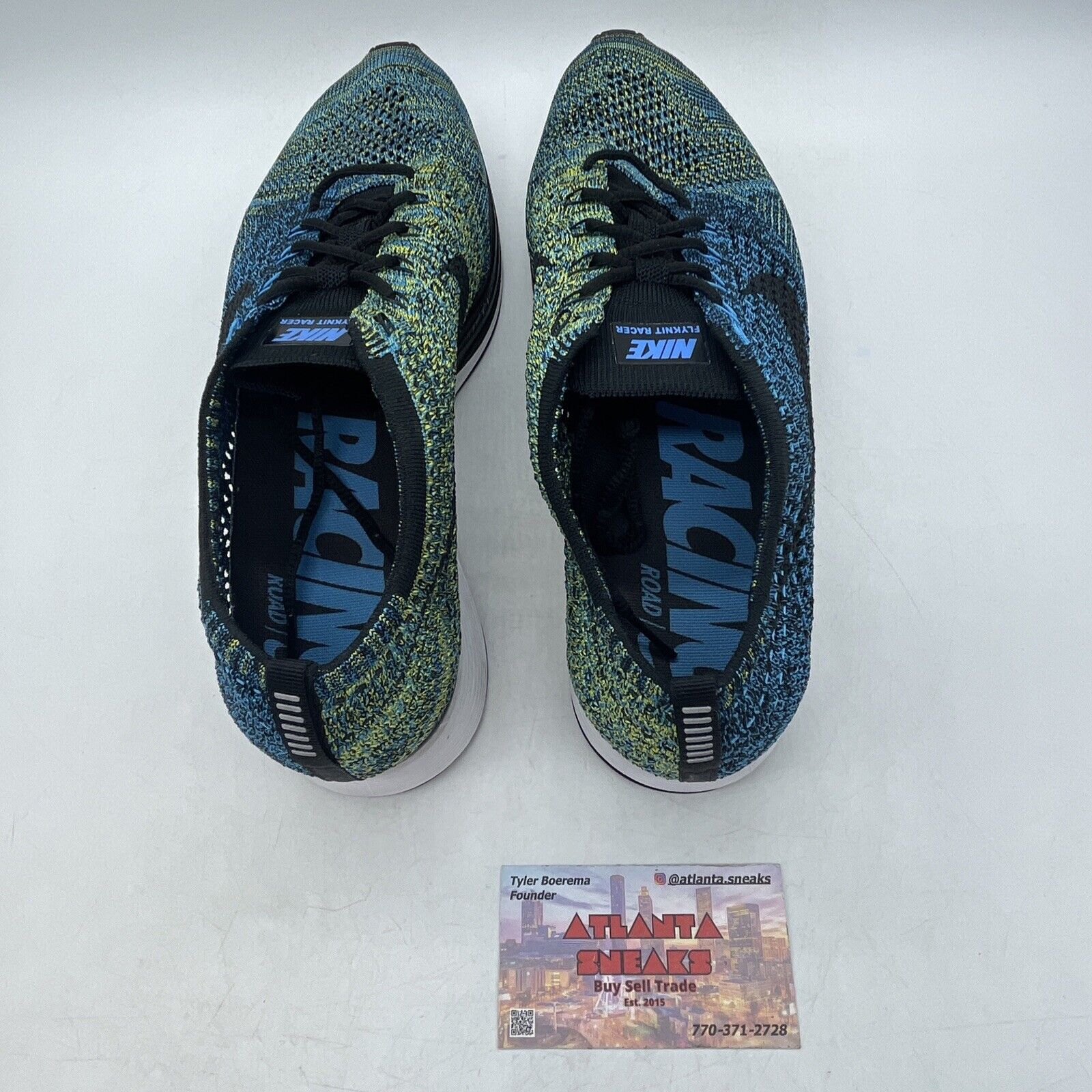 Size 11 - Nike Flyknit Racer Blue Glow Green Blue White Yellow (526628-405)