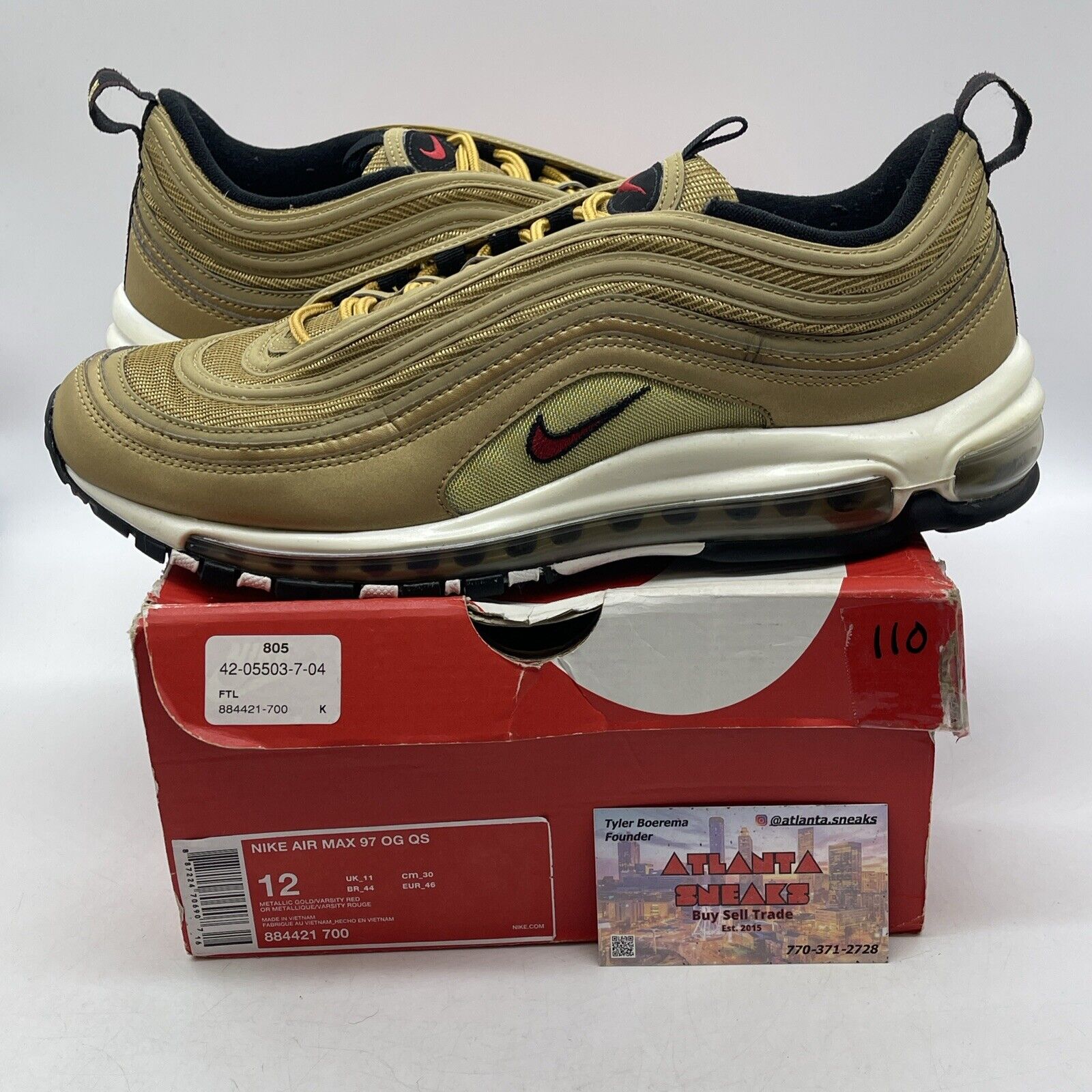 Size 12 - Nike Air Max 97 OG QS Metallic Gold White Black Red (884421-700)