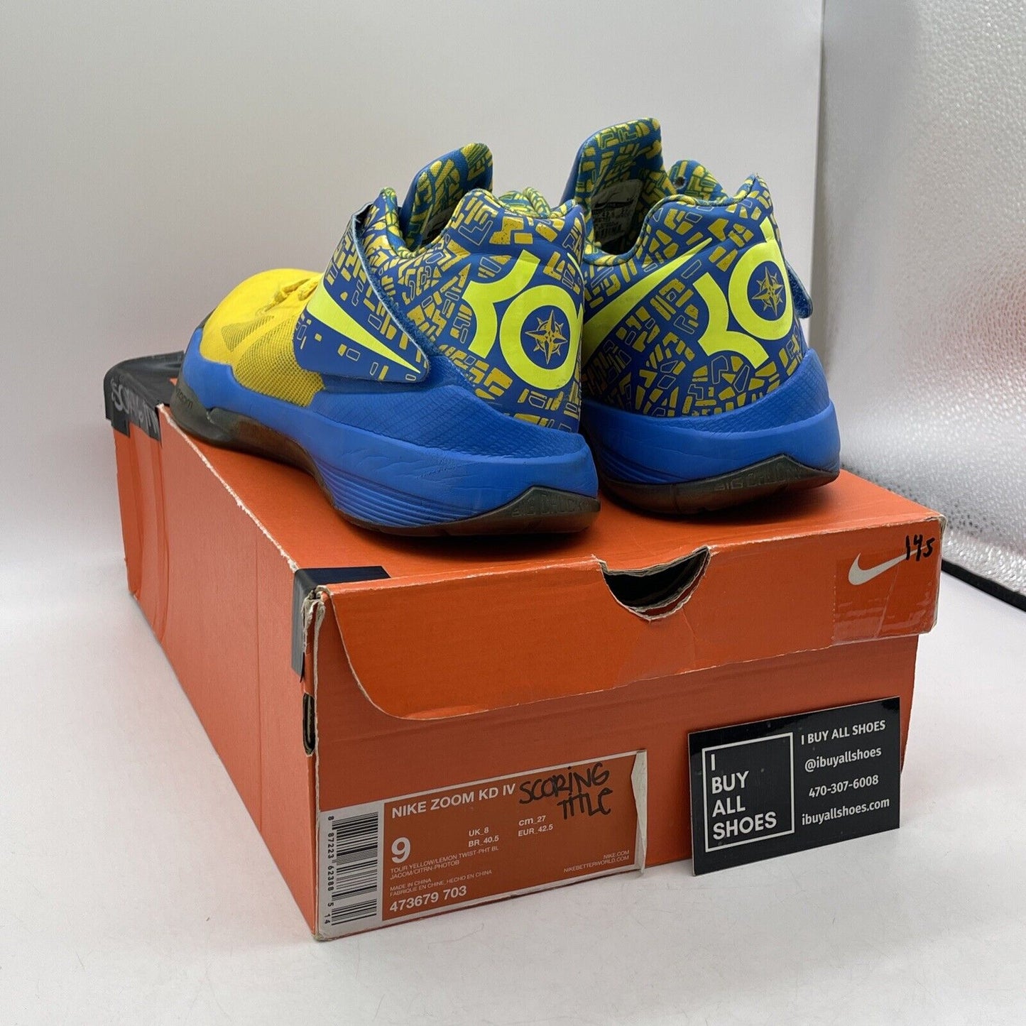 Size 9 - Nike Zoom KD 4 2012 Scoring Title Blue Yellow Leather (473679-703)