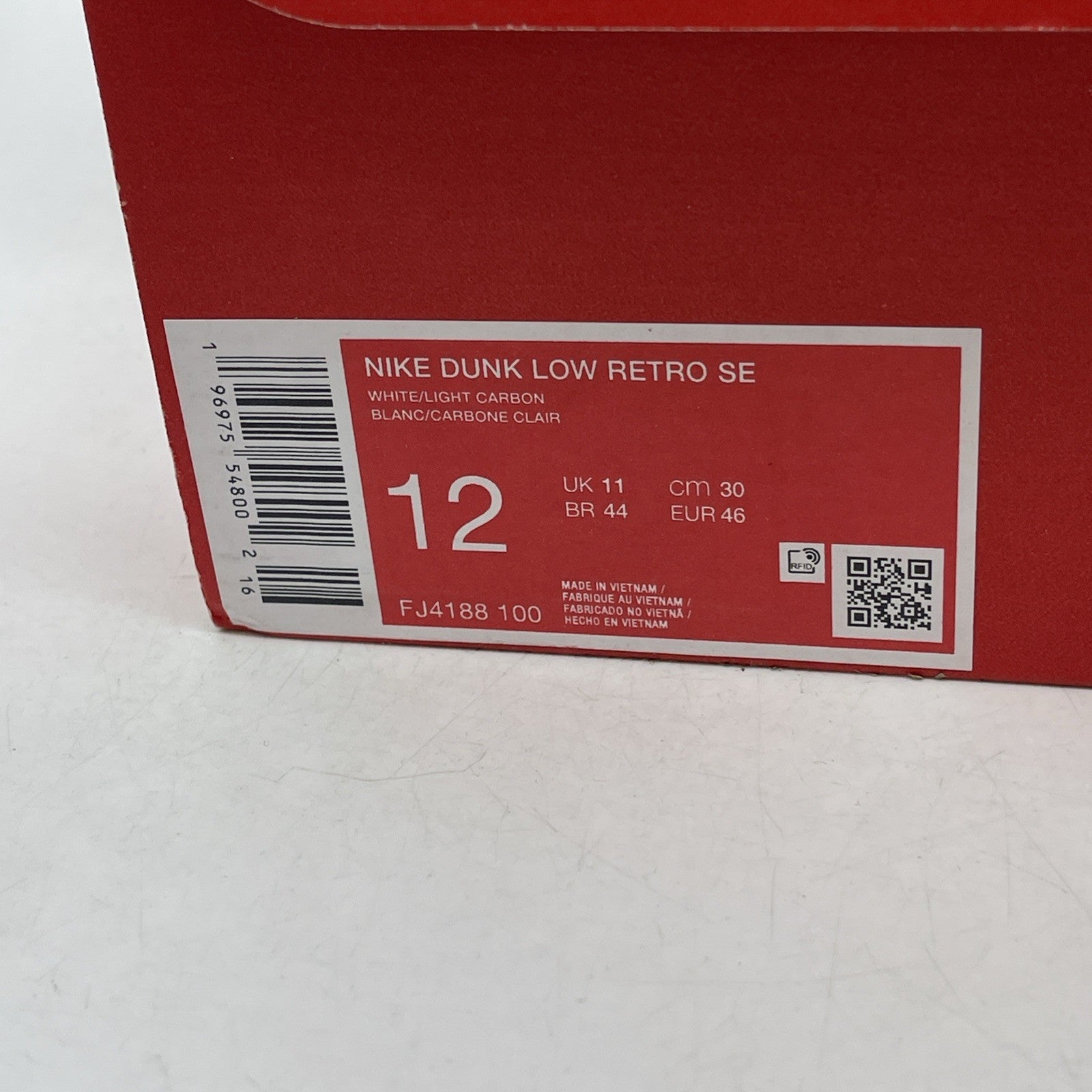 Size 12 - Dunk Low Light Carbon Grey White Leather (FJ4188-100)