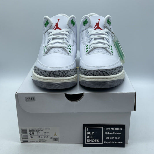 Size 9.5W - Air Jordan 3 Retro Lucky Green White Grey Leather Suede (CK9246-136)