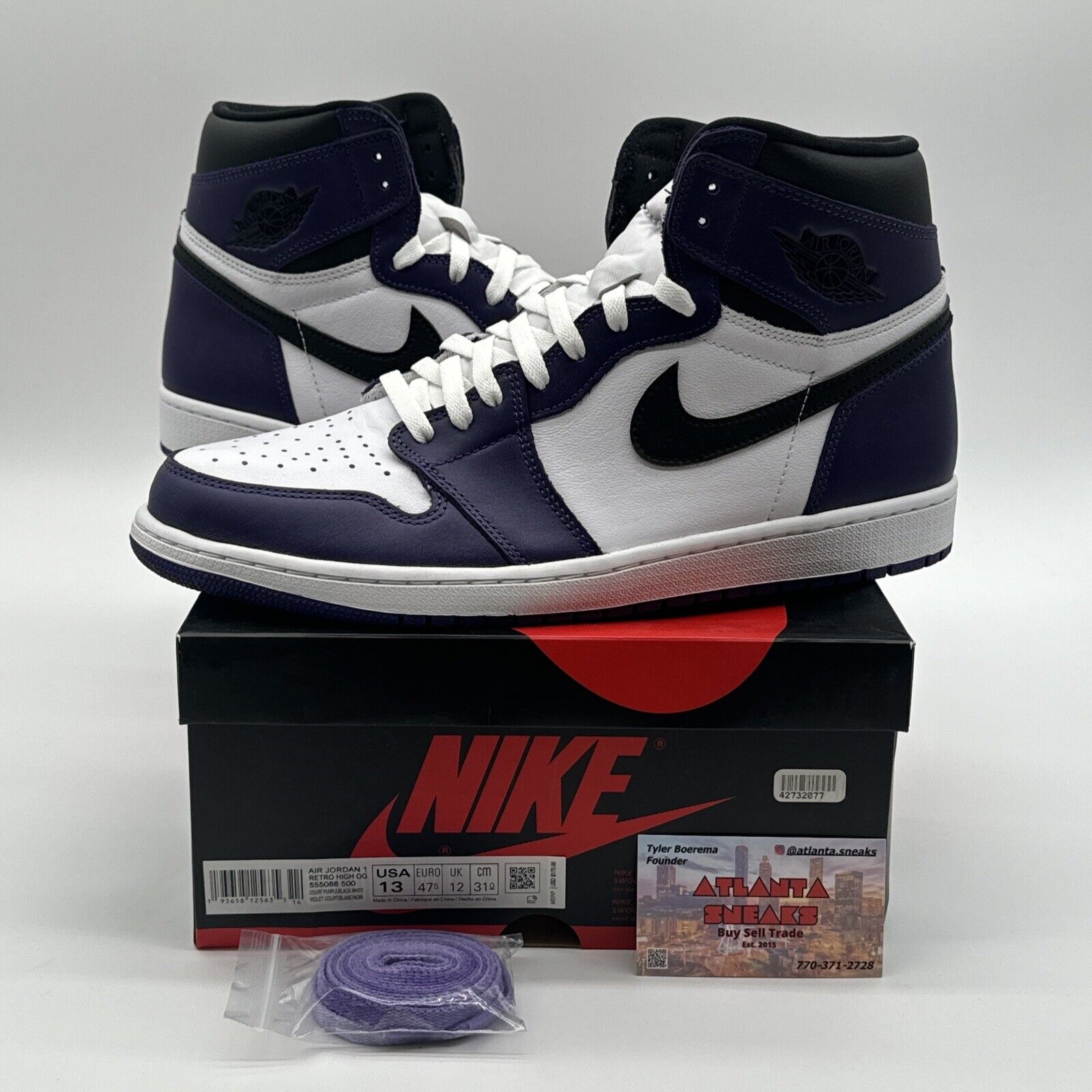 Size 13 - Jordan 1 Retro OG High Court Purple 2.0 White Leather Black Swoosh