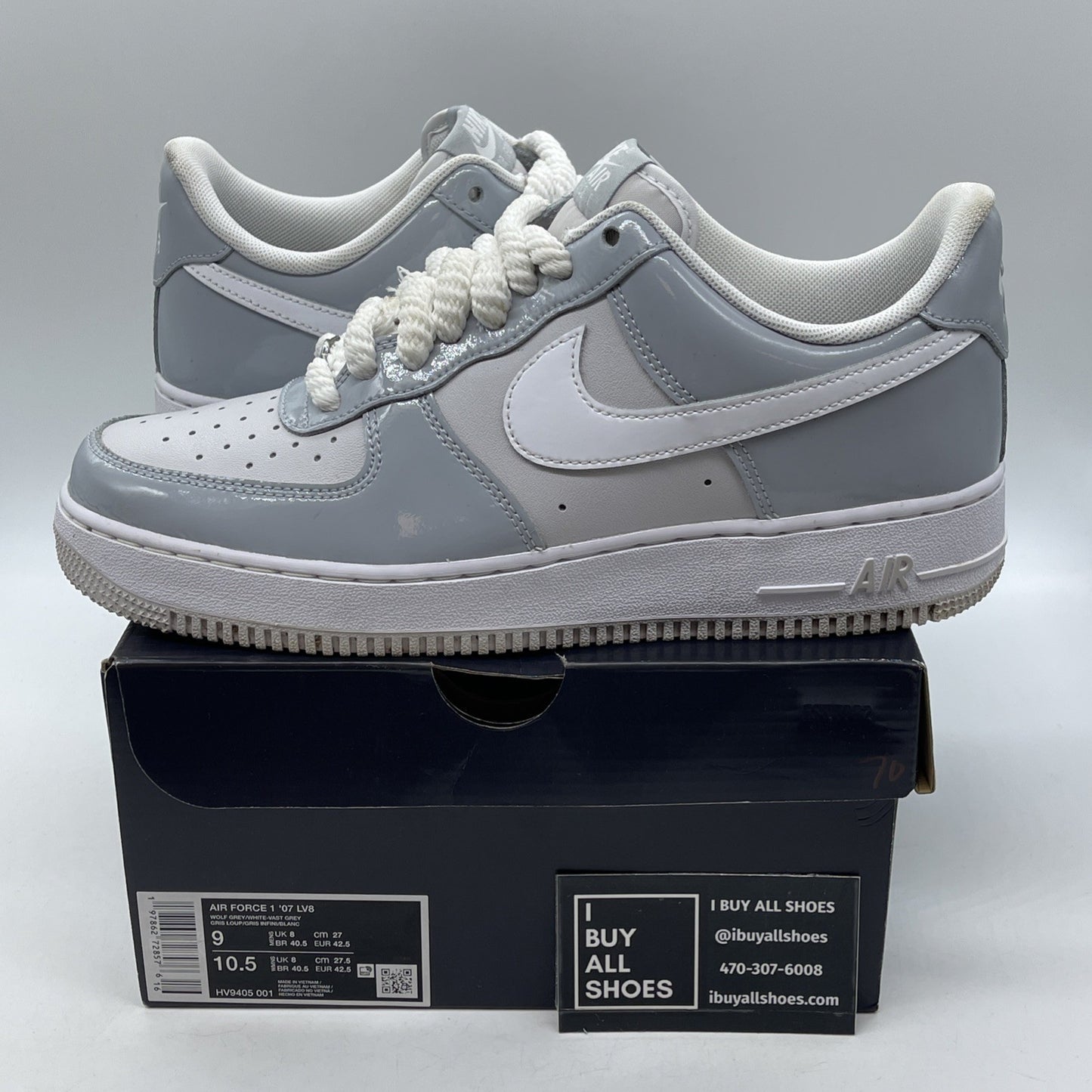 Size 9 - Nike Air Force 1 '07 LV8 Wolf Grey Patent White Leather (HV9405-001)