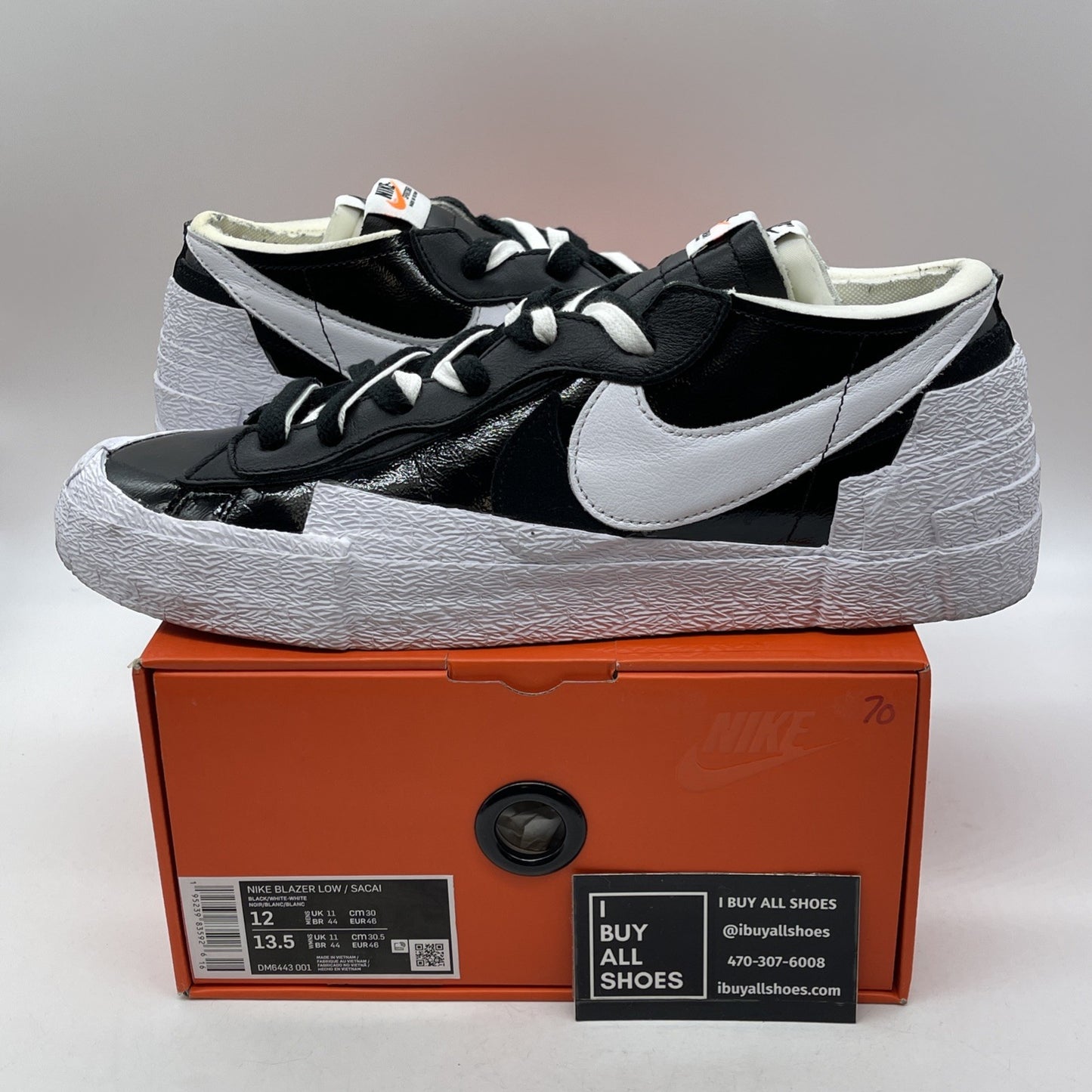 Size 12 - Nike sacai x Blazer Low Black White Patent Suede Leather (DM6443-001)