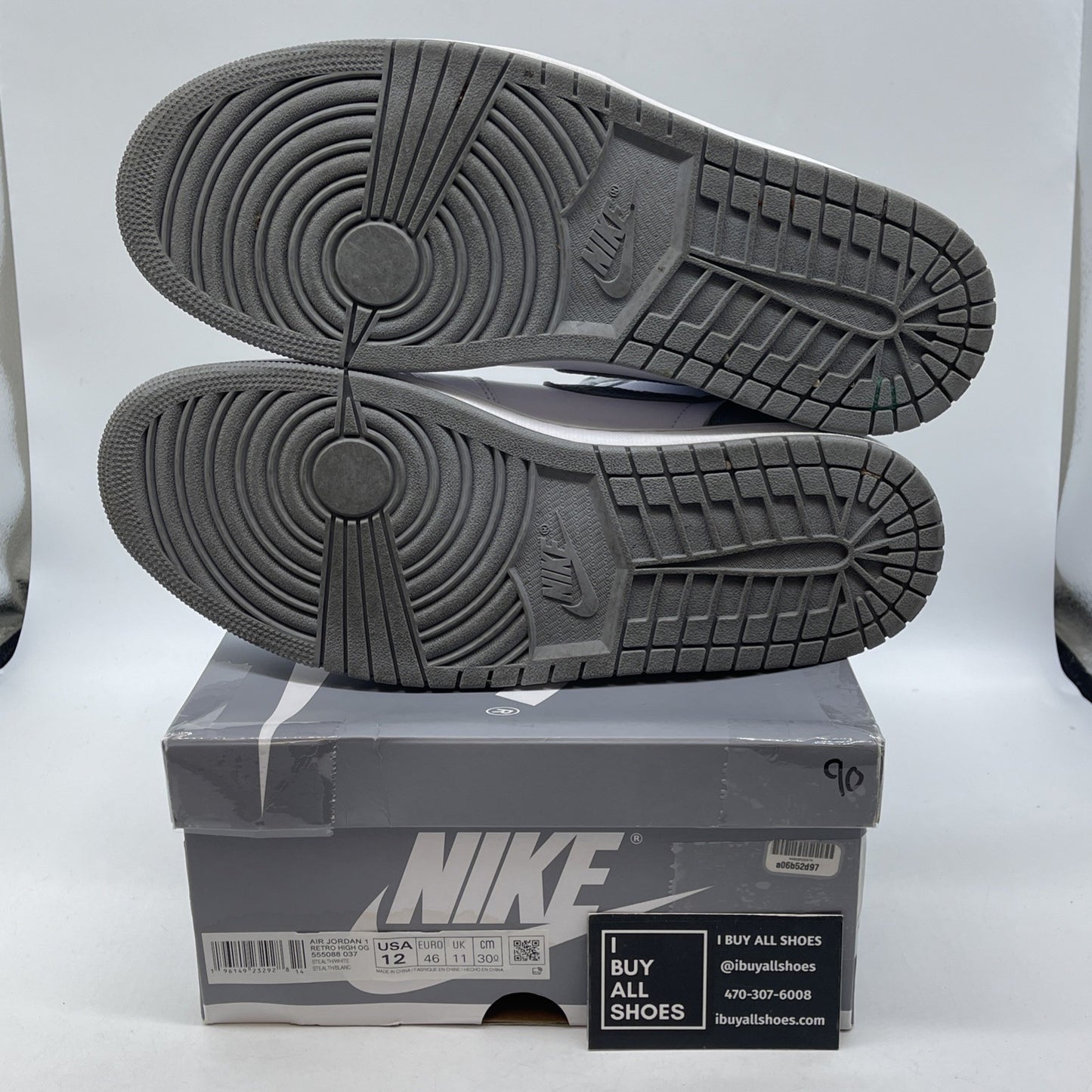 Size 12 - Jordan 1 Retro High OG Stealth Grey White Leather (555088-037)