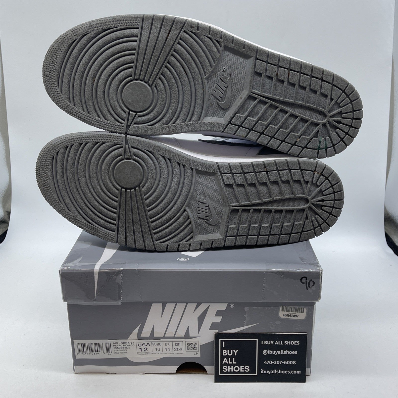 Size 12 - Jordan 1 Retro High OG Stealth Grey White Leather (555088-037)