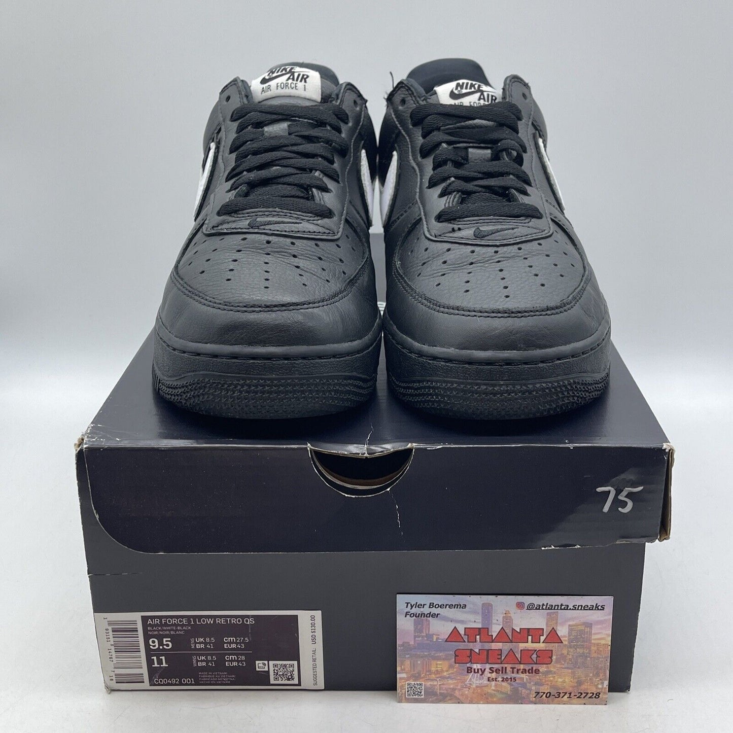 Size 9.5 - Nike Air Force 1 Retro QS Low Black White Leather (CQ0492-001)