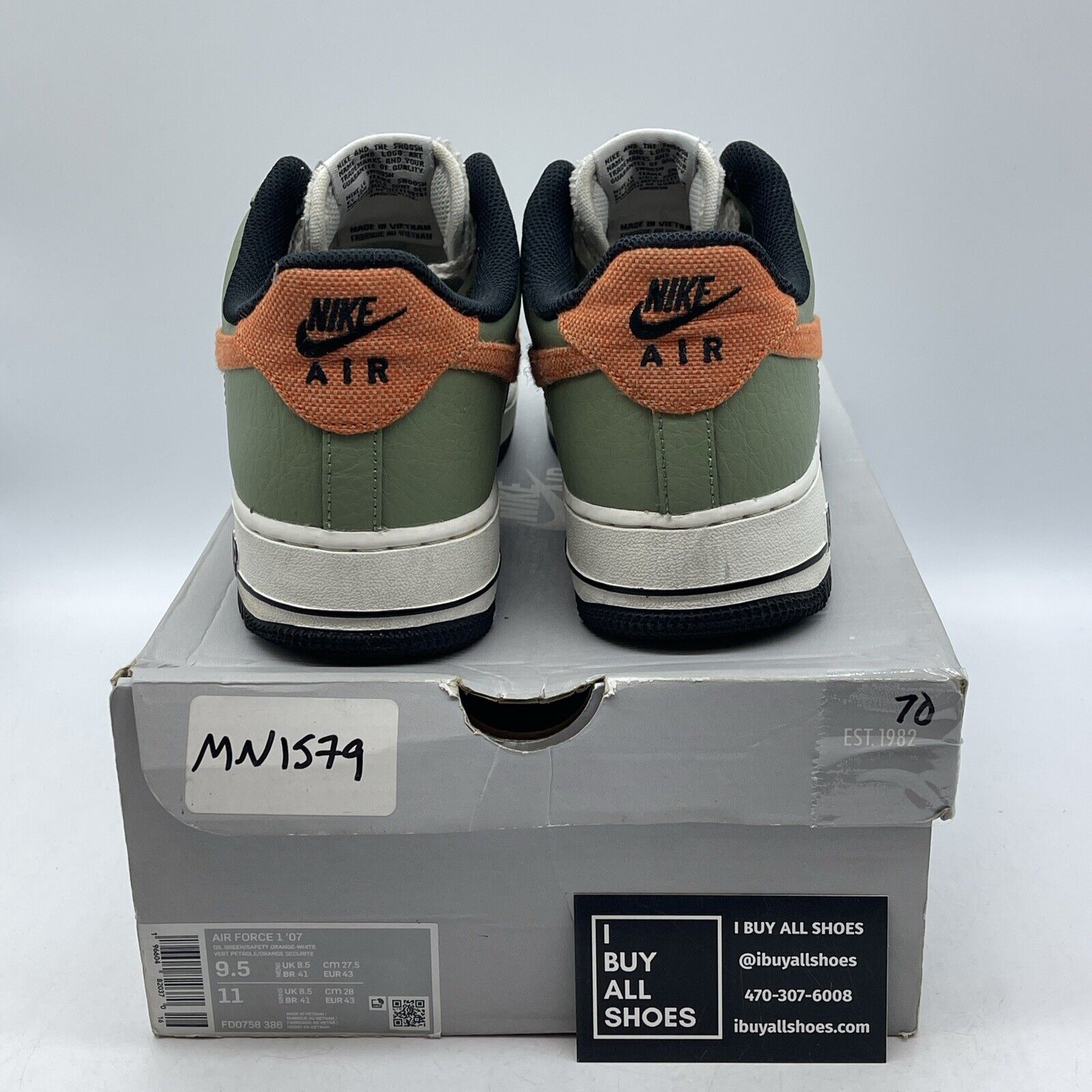 Size 9.5 - Nike Air Force 1 '07 Oil Green Orange Suede Leather (FD0758-386)
