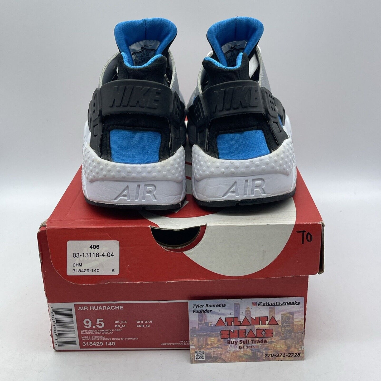 Size 9.5 - Nike Air Huarache Blue Hero Black Grey White Suede (318429-140)