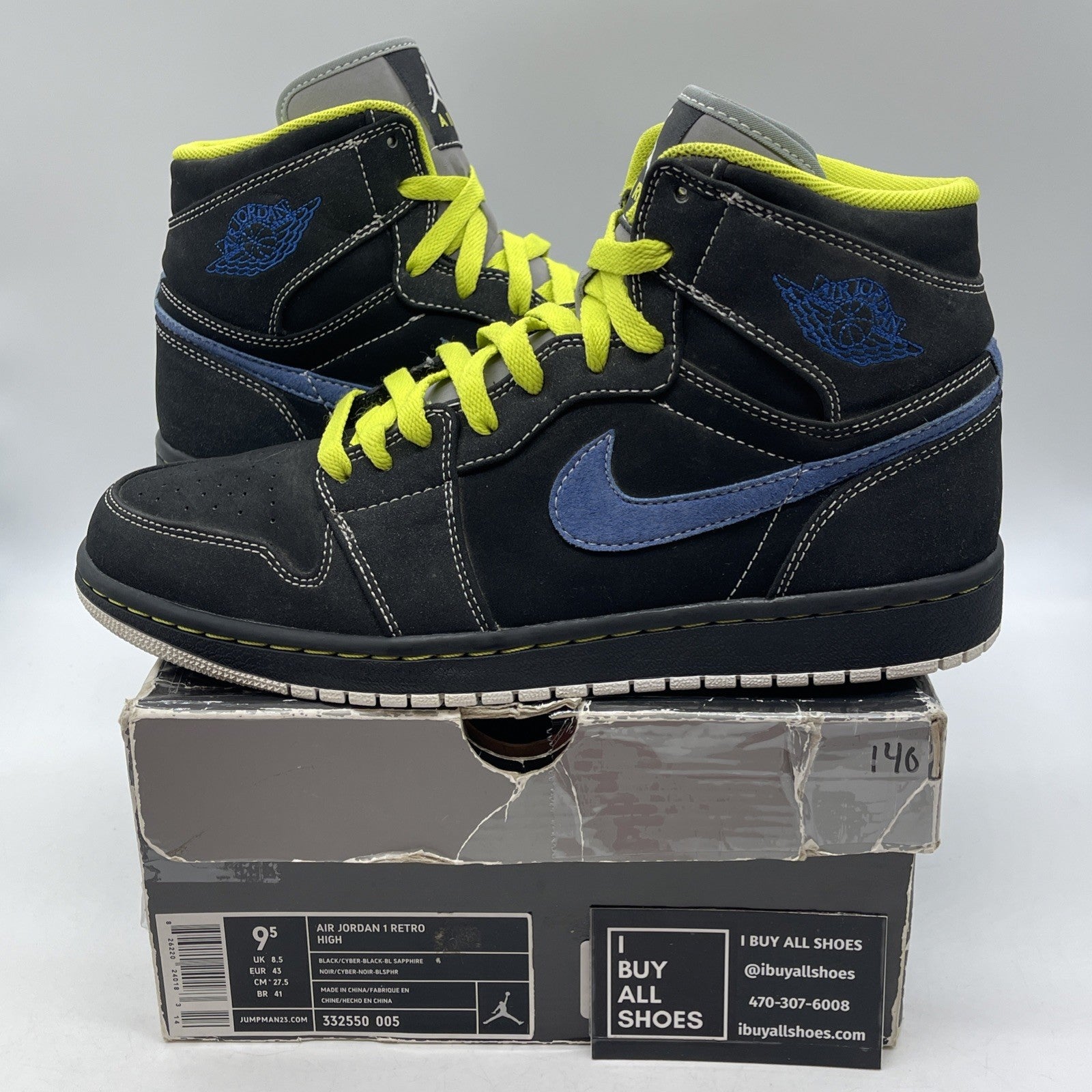 Size 9.5 - Air Jordan 1 Retro High Black Cyber Green Blue Suede (332550-005)