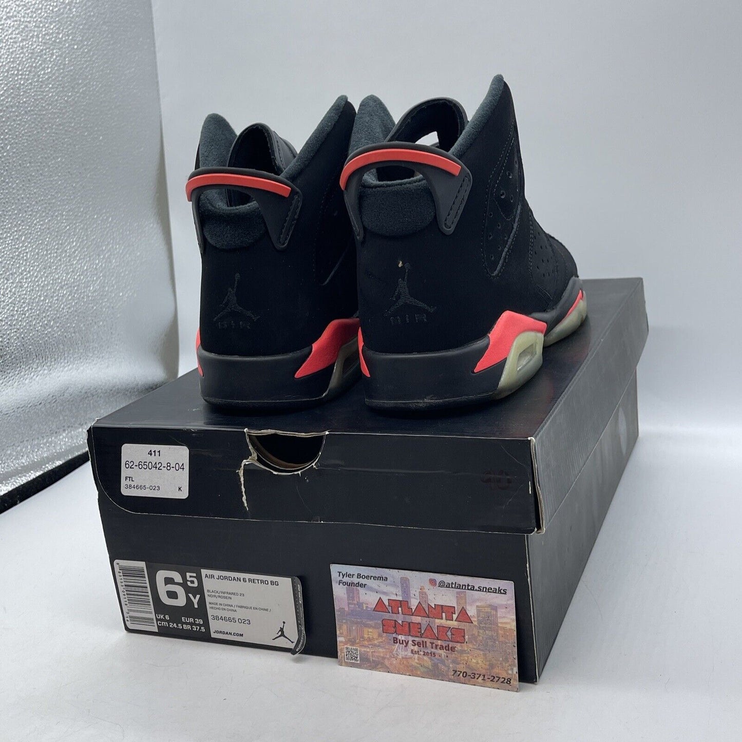 Size 6.5 (GS) - Jordan 6 Retro 2014 Infrared Black Suede Leather (384665-023)