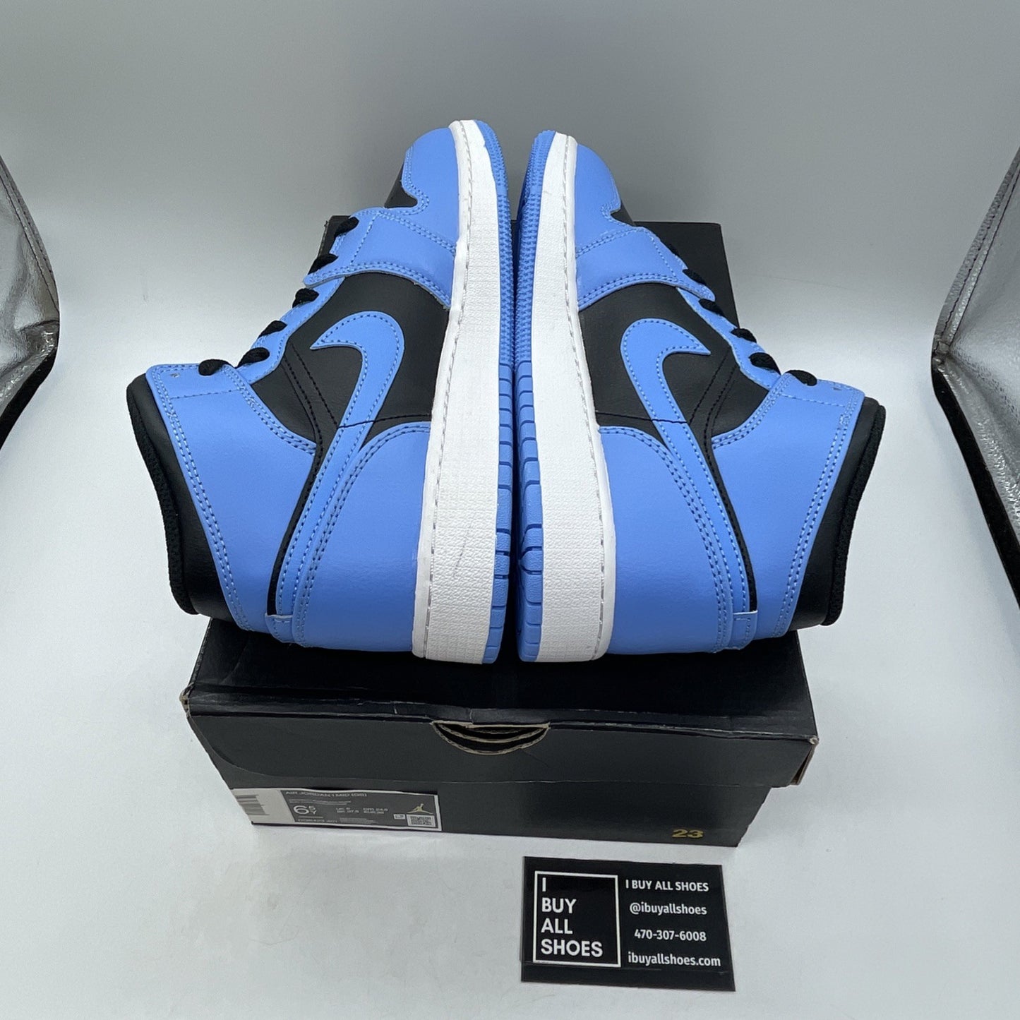 Size 6.5Y (GS) - Air Jordan 1 Mid University Blue Black Leather (DQ8423-401)