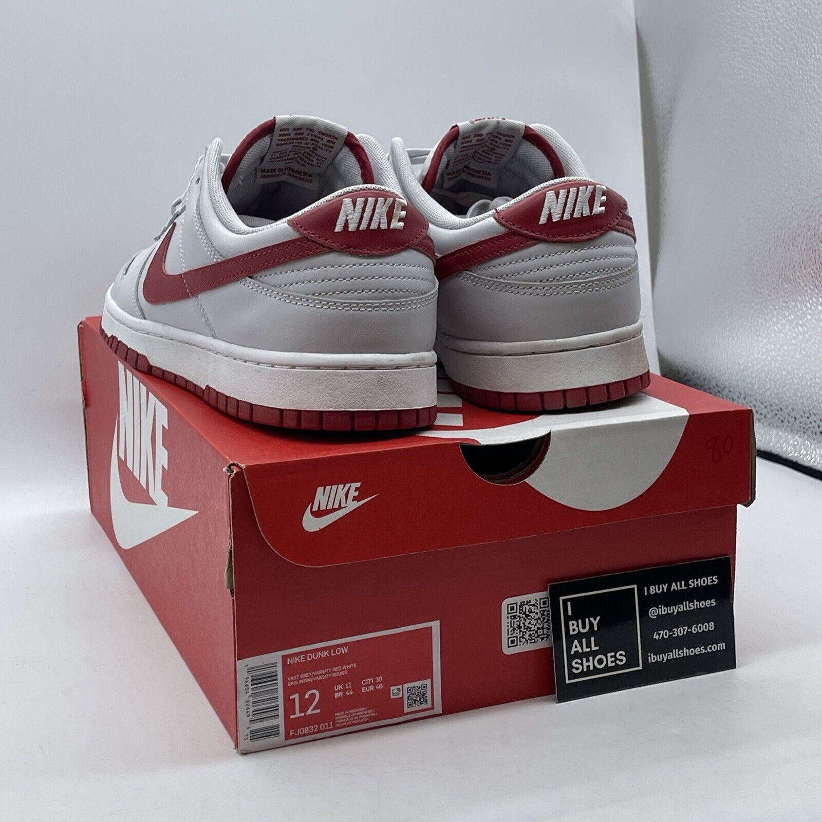 Size 12 - Dunk Low Vast Grey Varsity Red White Leather (FJ0832-011)