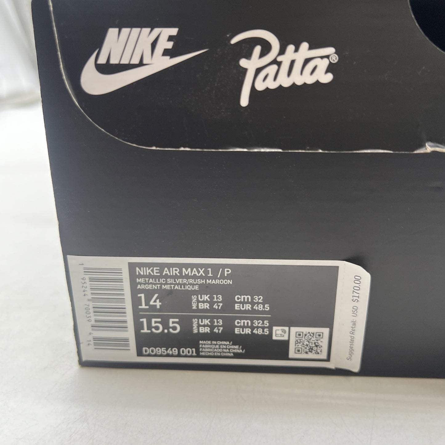 Size 14 - Nike Patta x Air Max 1 Rush Maroon (DO9549-001)