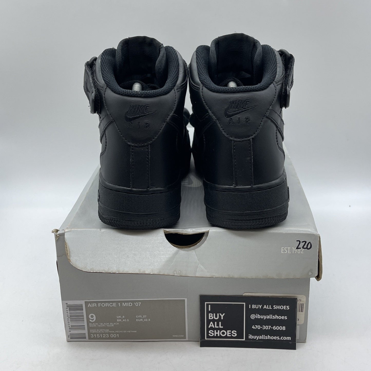 Size 9 - Nike Air Force 1 '07 Mid Triple Black Leather (315123-001)