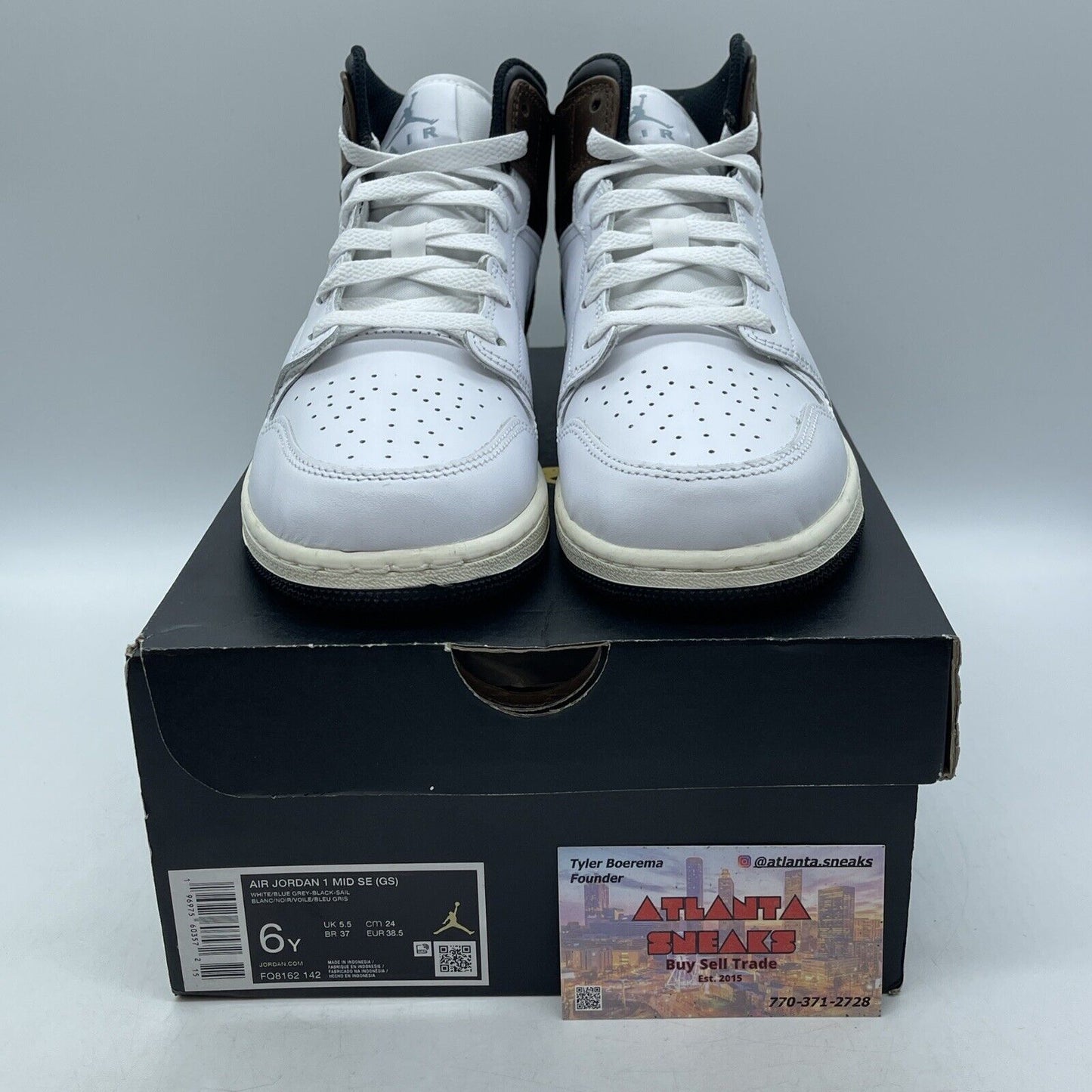 Size 6Y - AIR JORDAN 1 MID SE_WHITE BLUE GREY BLACK Brown Leather  (FQ8162-142)