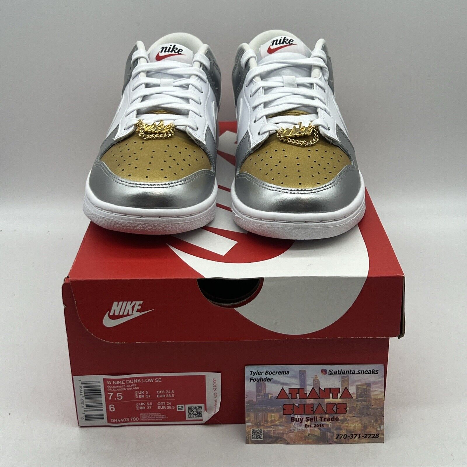 Nike Dunk Low Size 7.5 Womens Metallic Gold Silver White Sneakers Brand New