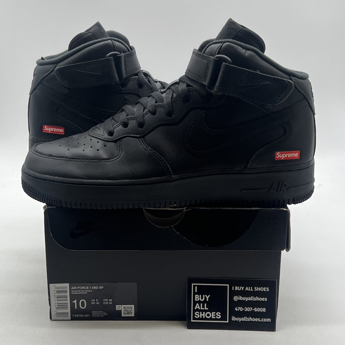 Size 10 - Nike Supreme x Air Force 1 Mid Box Logo - Triple Black (FZ8784-001)