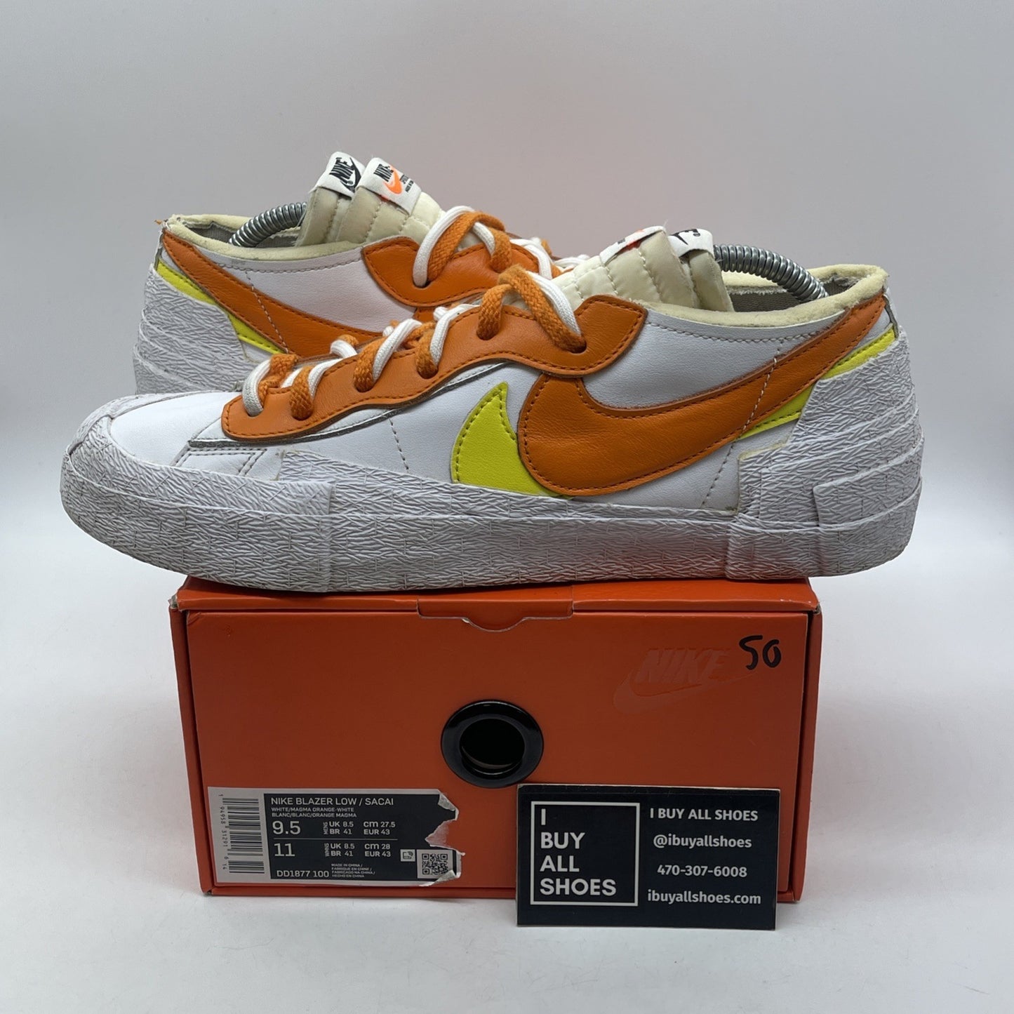 Size 9.5 - Nike sacai x Blazer Low Magma Orange White Leather (DD1877-100)