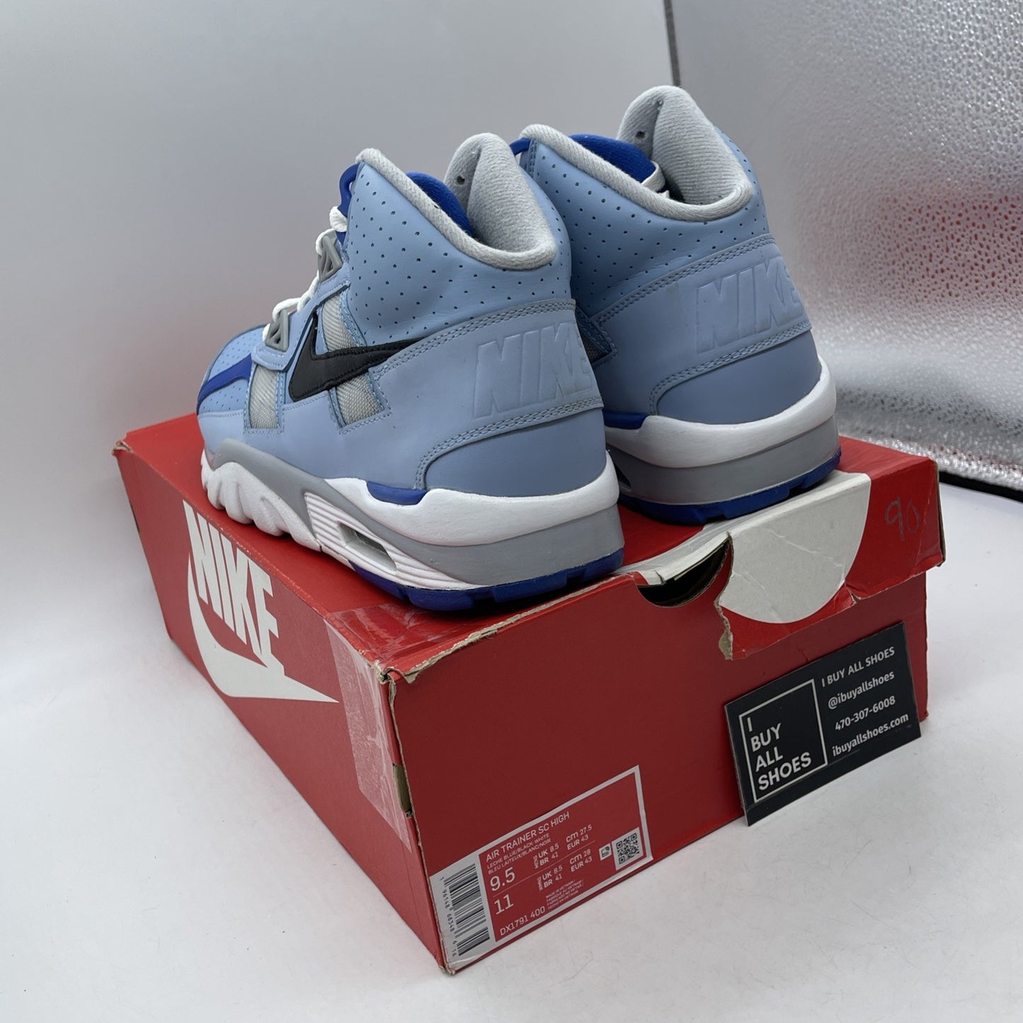 Size 9.5 - Nike Air Trainer SC High Kansas City Royals Blue Suede (DX1791-400)