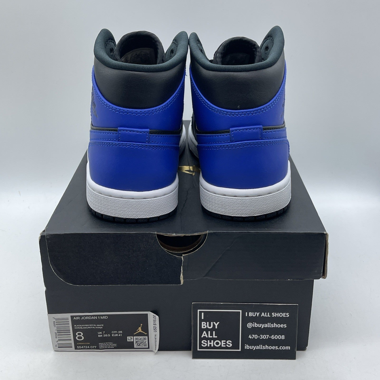 Size 8 - Jordan 1 Mid Hyper Royal Black Blue Leather (554724-077)