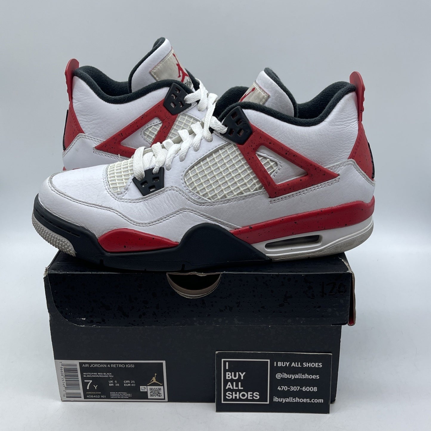 Size 7Y - Jordan 4 Retro Mid Red Cement White Red Black Leather (408452-161)