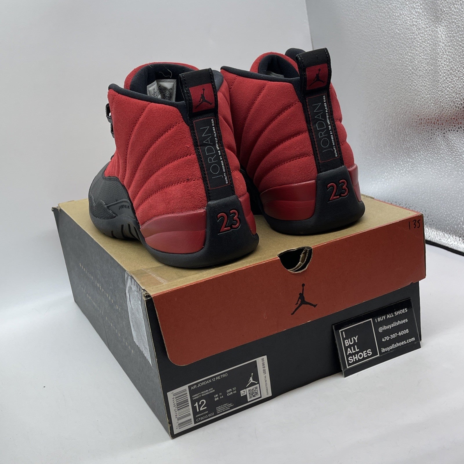 Size 12 - Jordan 12 Retro Reverse Flu Game Red Black Suede Leather (CT8013-602)