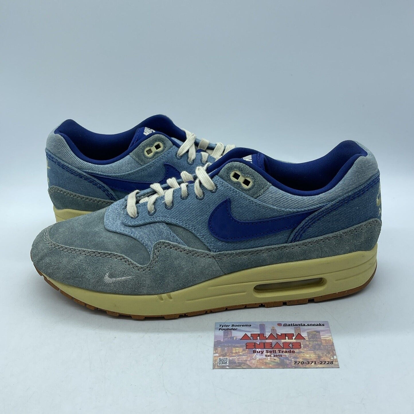 Size 11 - Nike Air Max 1 Premium Dirty Denim 2022 Blue Yellow Suede (DV3050-300)