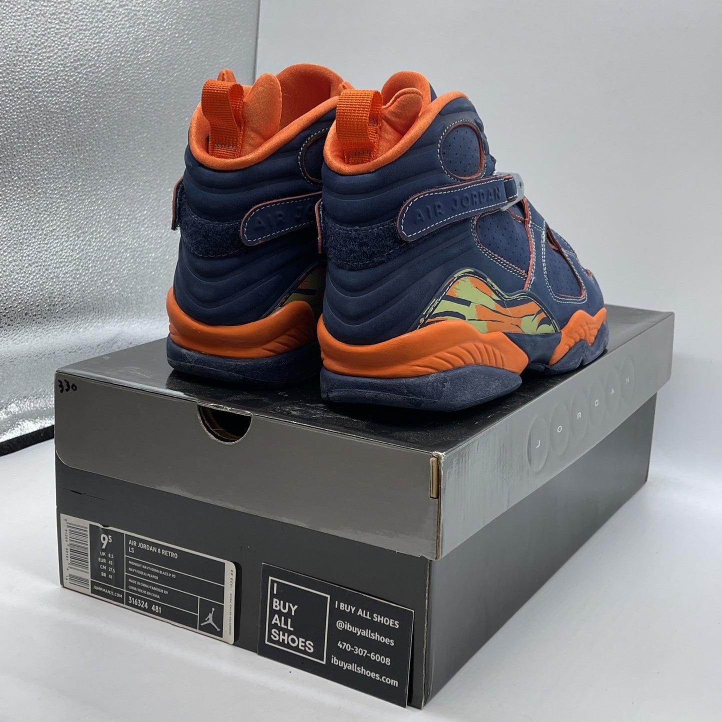 Size 9.5 - Air Jordan 8 Retro LS Pea Pods Blue Orange Suede (316324-481)