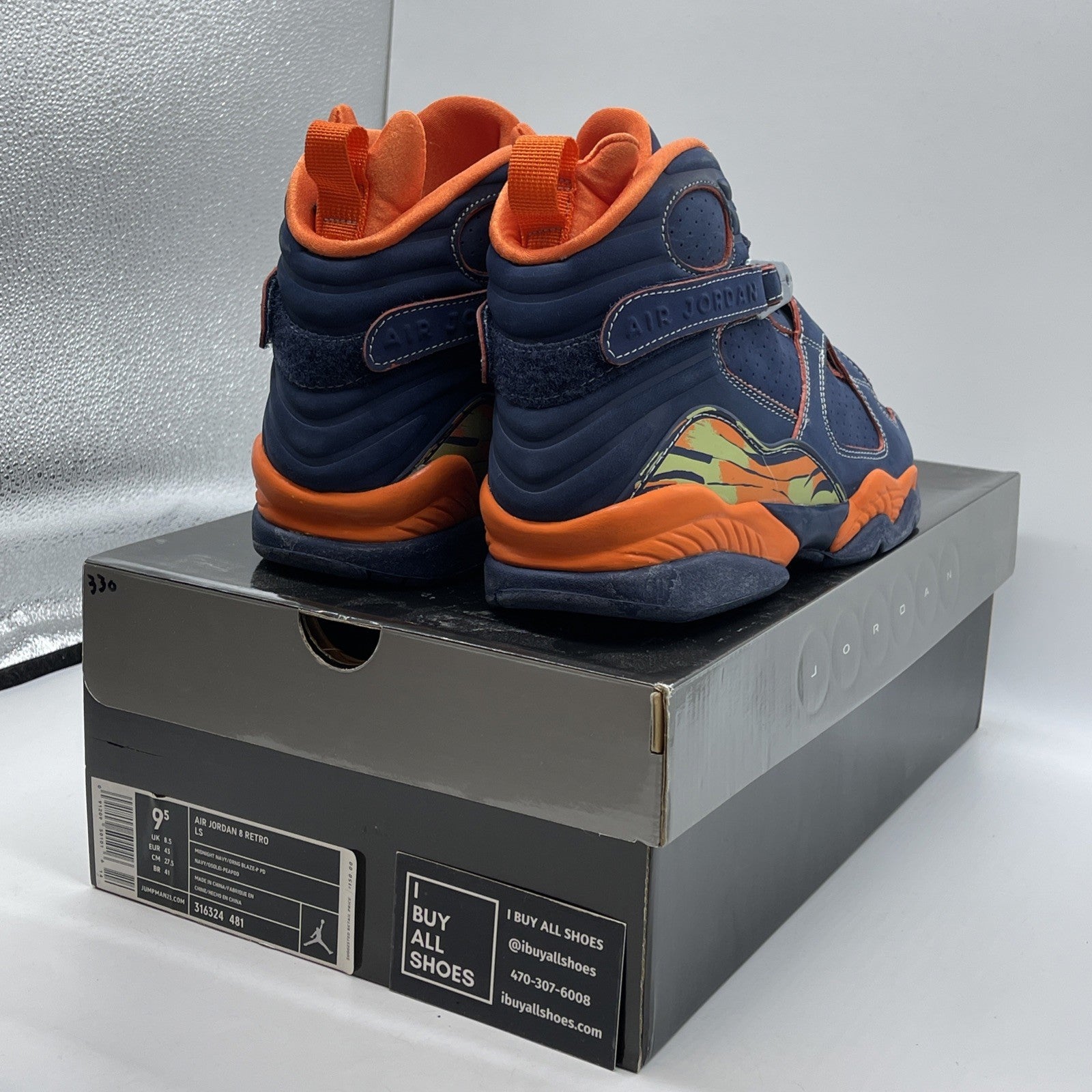 Size 9.5 - Air Jordan 8 Retro LS Pea Pods Blue Orange Suede (316324-481)