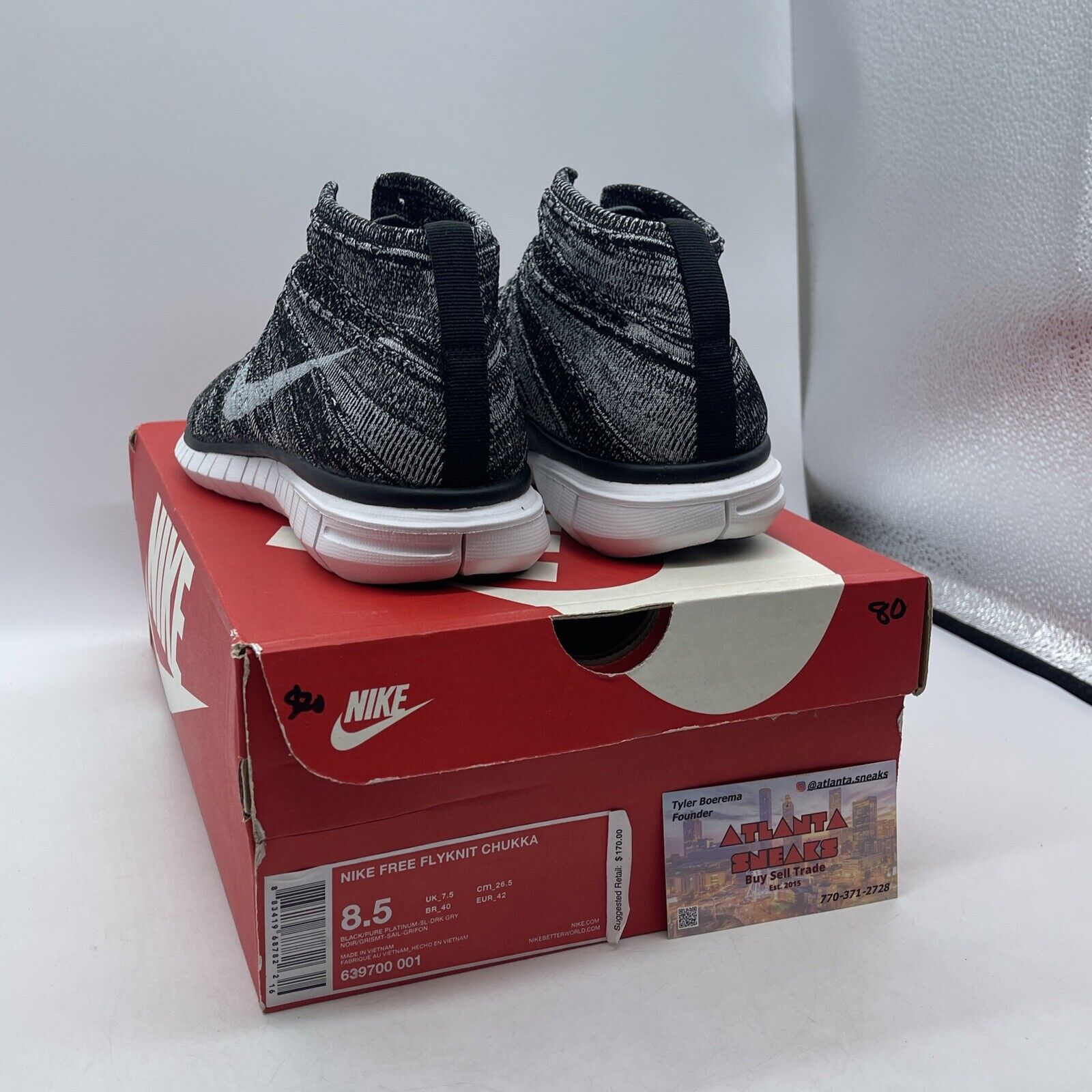 Size 8.5 - Nike Free Flyknit Chukka Black White Suede Lester (639700-001)