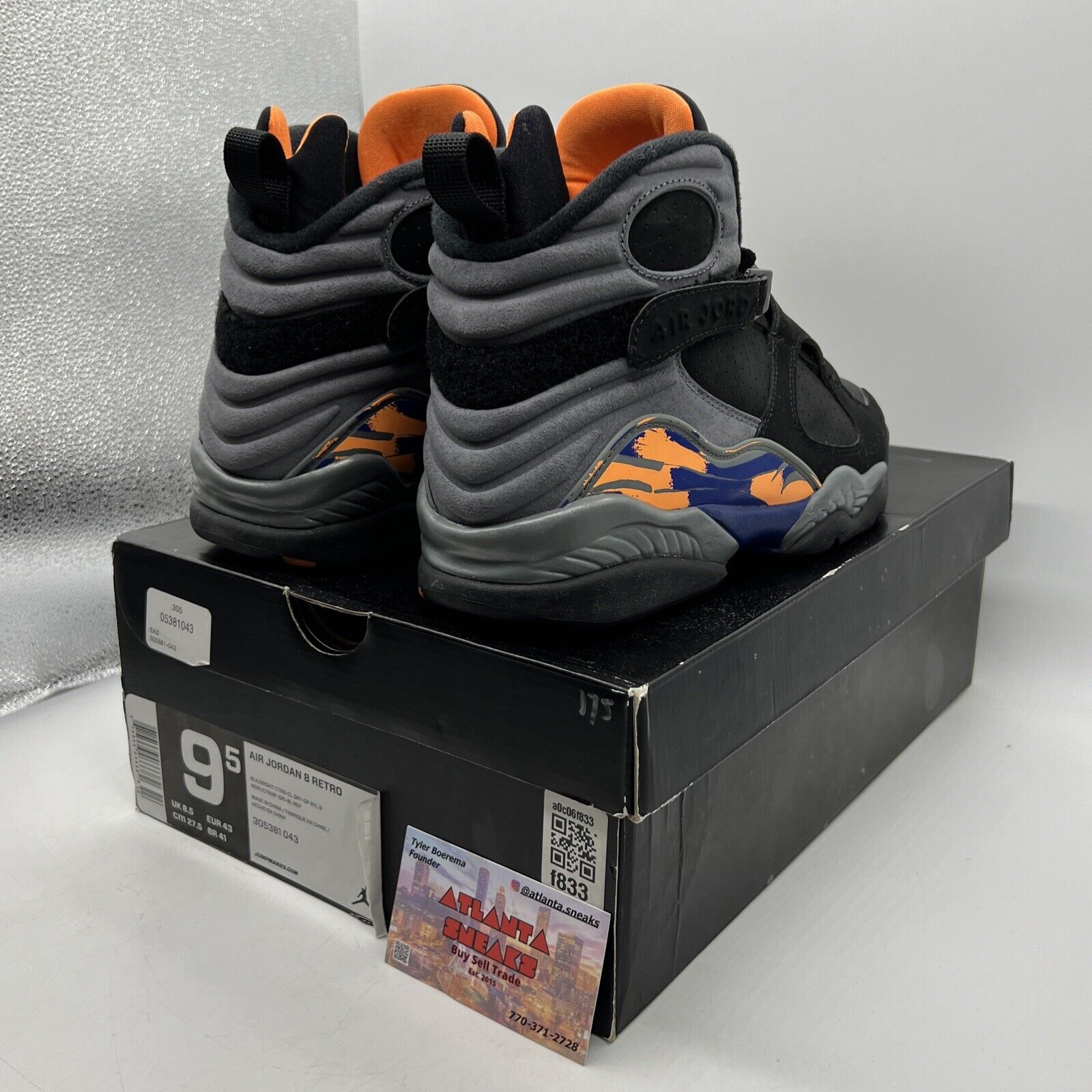 Size 9.5 - Air Jordan 8 Retro Phoenix Suns Black Grey Orange Purple (305381-043)