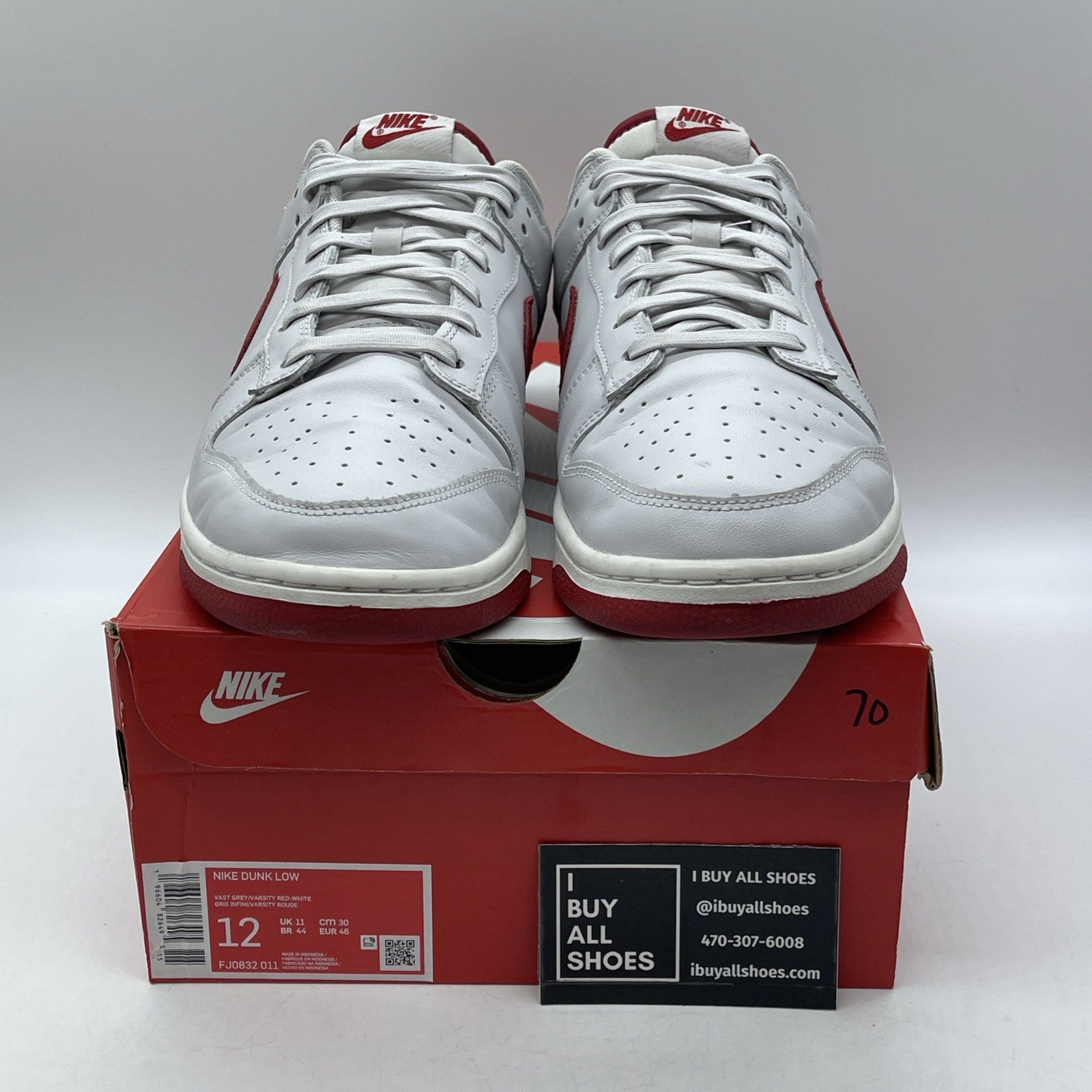 Size 12 - Dunk Low Vast Grey Varsity Red White Leather (FJ0832-011)