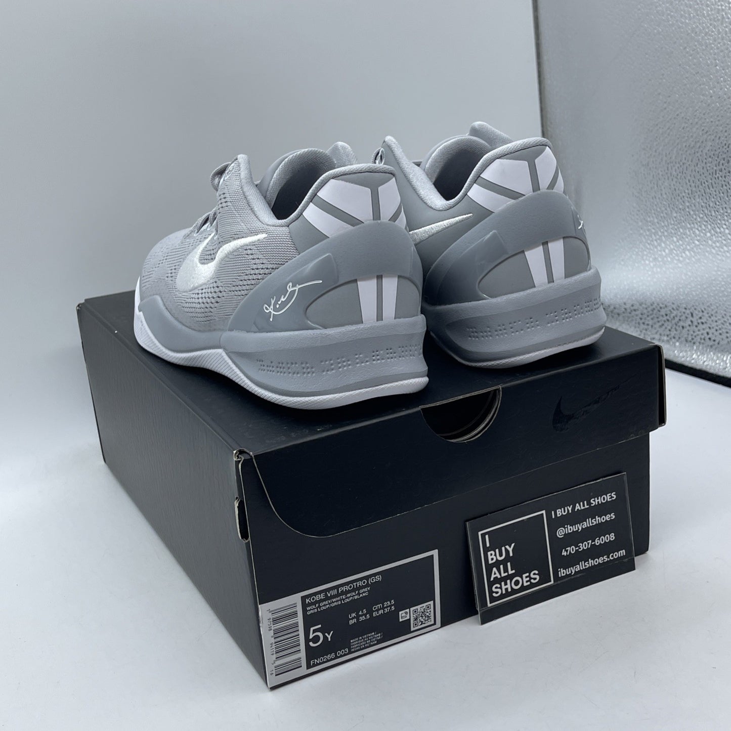 Size 5Y (GS) - Nike Kobe 8 Protro Low White Metallic Gold Silver (FN0266-003)