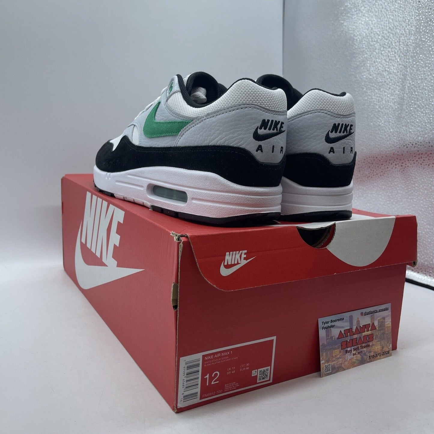 Size 12 - Nike Air Max 1 Low Stadium Green White Black Grey Suede (FN6952-100)