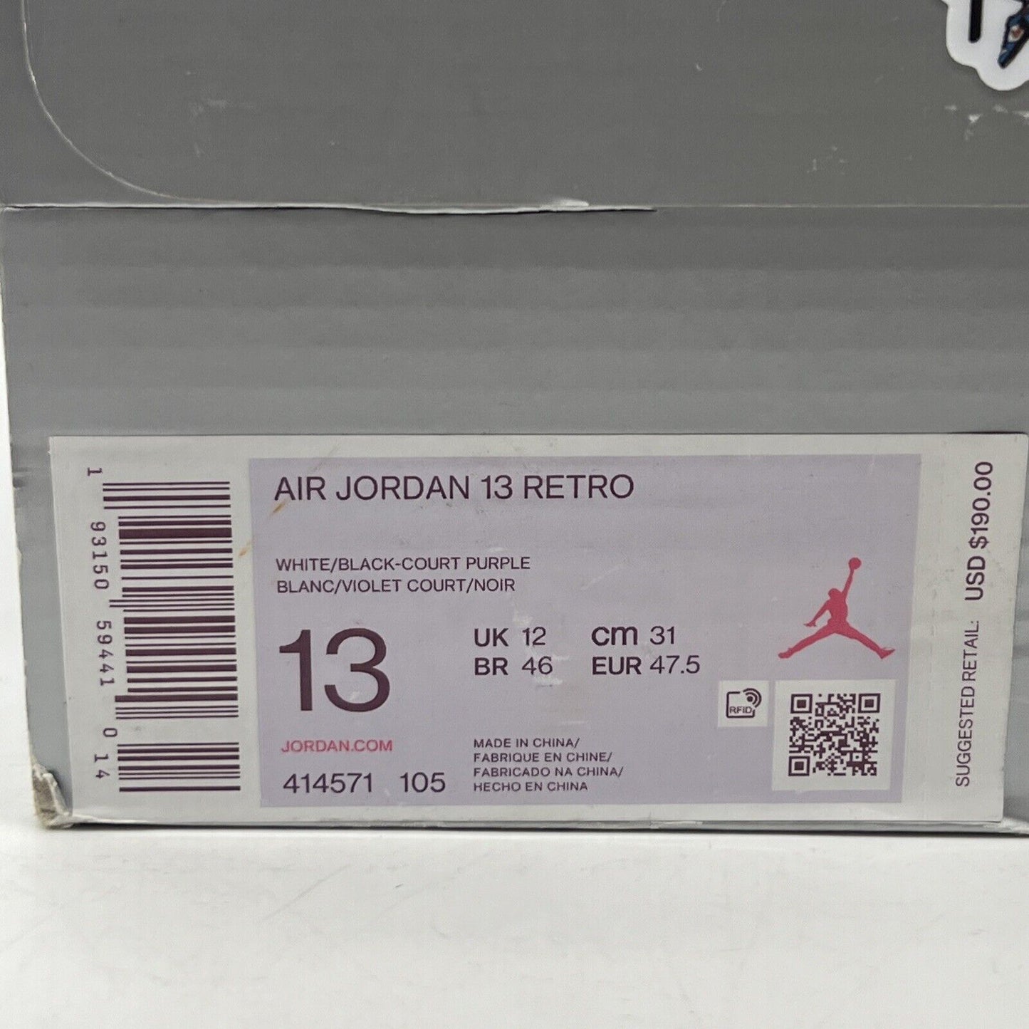 Size 13 - Air Jordan 13 Retro Lakers White Purple Black Leather Suede 414571-105