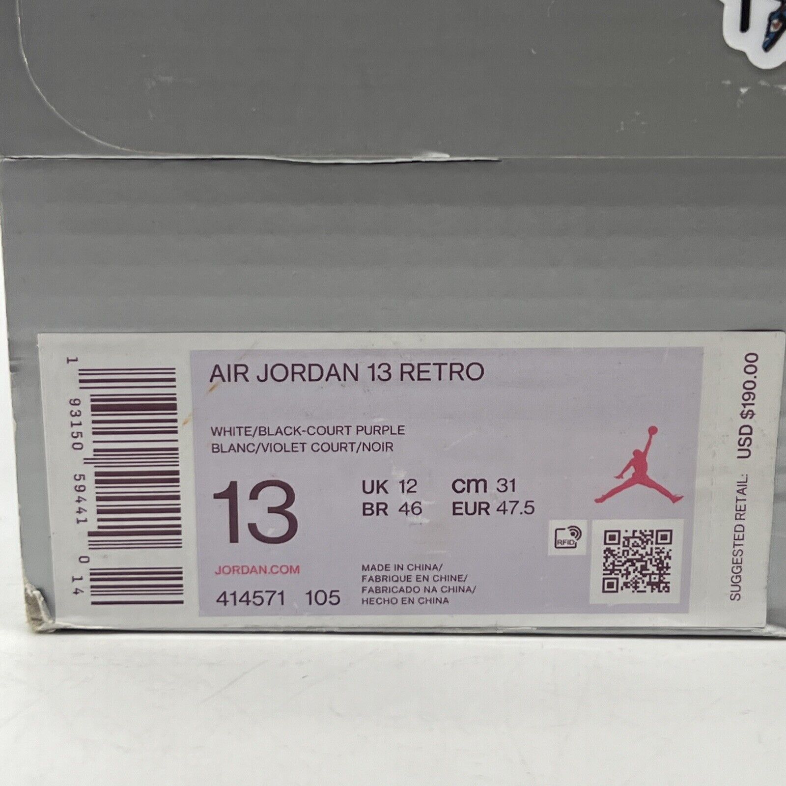 Size 13 - Air Jordan 13 Retro Lakers White Purple Black Leather Suede 414571-105