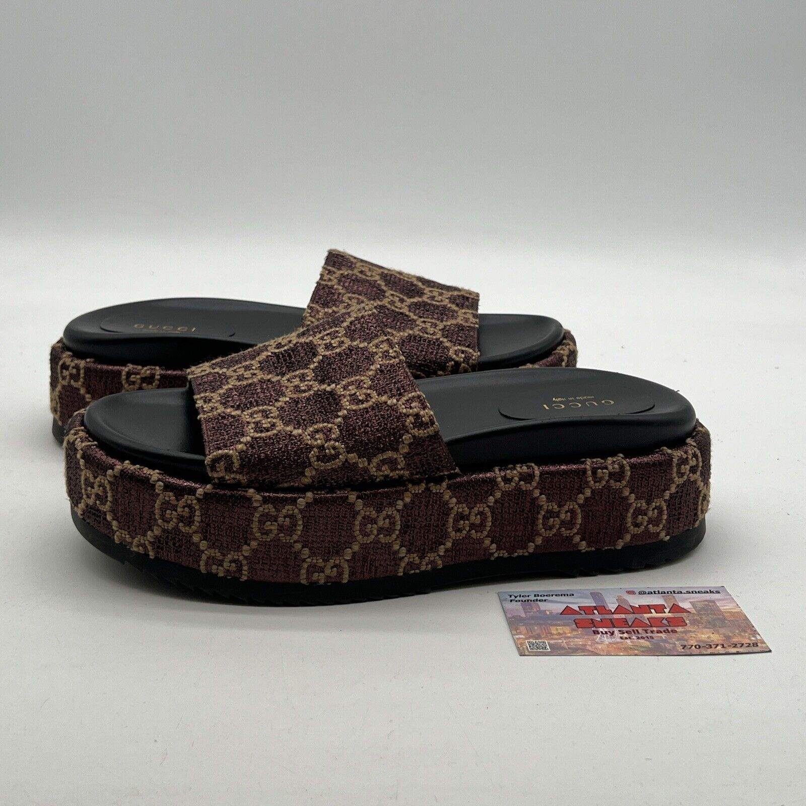 Size 9W - GUCCI Burgundy Lame Logo Angelina Platform Sandals